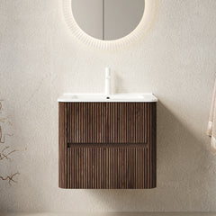 NOOR 24" Bathroom Vanity with Sink, Wall-Mounted Floating Plywood  Bathroom Storage Cabinet with 2 Drawers, White Ceramic Basin, NO Faucet, Pre-assembled, Retro Walnut Woodgrain Color