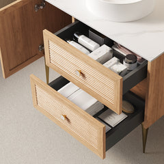 MUNIN 36" Freestanding Bathroom Light Oak Woodgrain Plywood Cabinet with Carrara White Sintered Stone Counter Top, Two Drawers and One Door, NO Basin, NO Faucet and Sink Cover