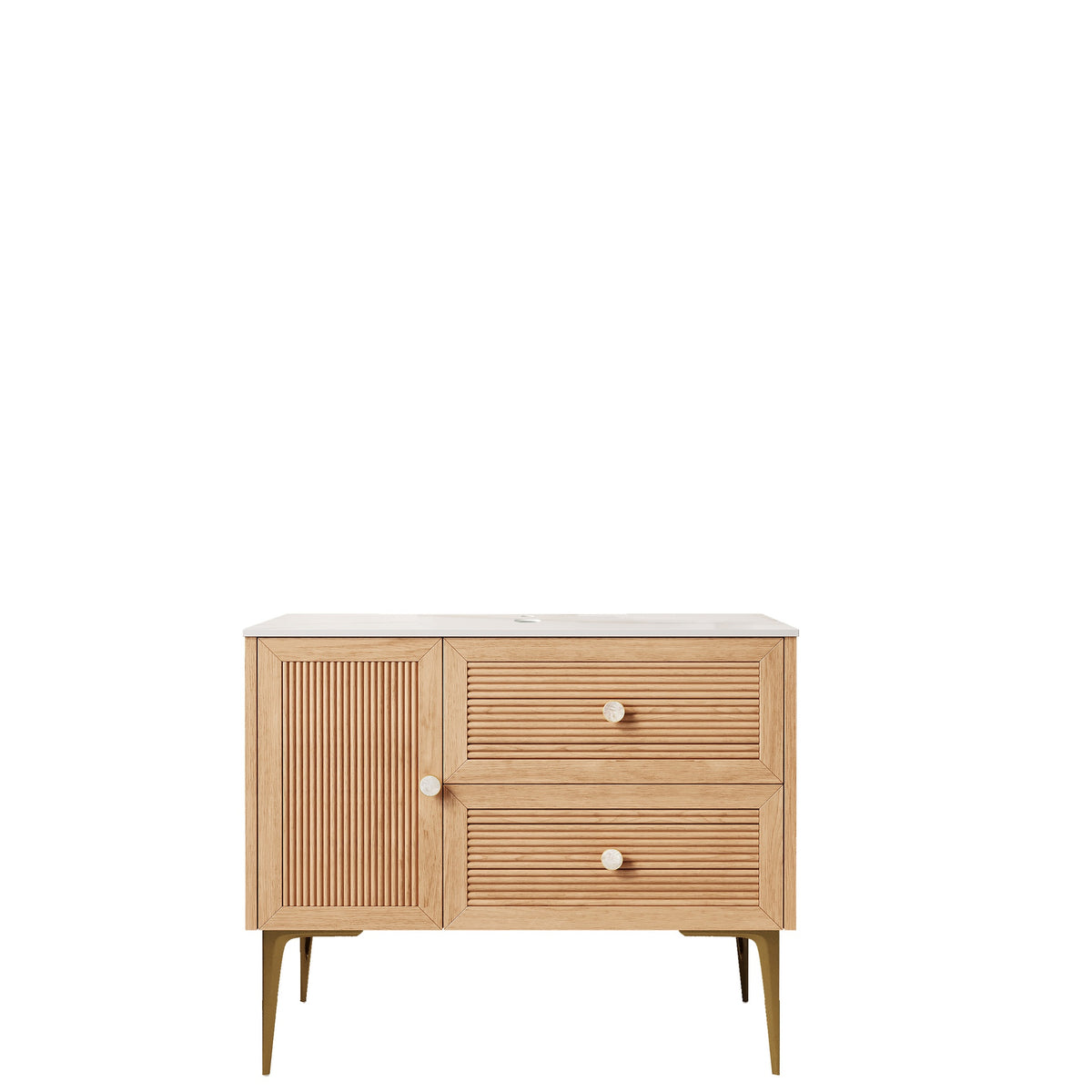 MUNIN 36" Freestanding Bathroom Light Oak Woodgrain Plywood Cabinet with Carrara White Sintered Stone Counter Top, Two Drawers and One Door, NO Basin, NO Faucet and Sink Cover