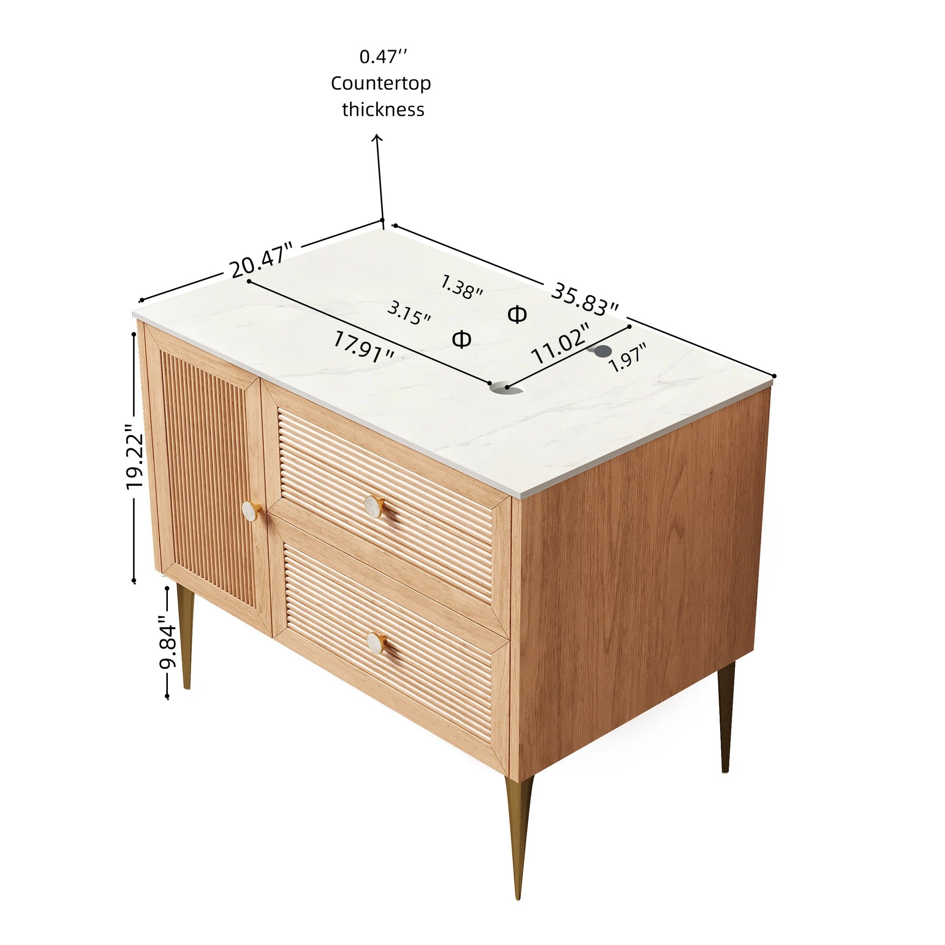 MUNIN 36" Freestanding Bathroom Light Oak Woodgrain Plywood Cabinet with Carrara White Sintered Stone Counter Top, Two Drawers and One Door, NO Basin, NO Faucet and Sink Cover