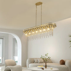 39" Modern Crystal Linear Rectangle Chandelier with Gold Finish, Elegant Pendant Light with Cascading Beads, for Dining Room, Living Room, or Foyer (Bulb Not Included)