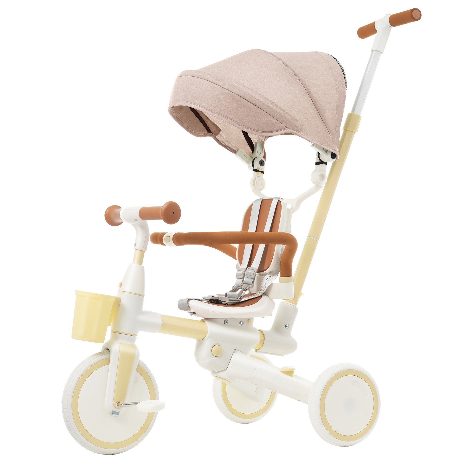 7 in 1 Baby Tricycle, Toddler Tricycle with Removable and Adjustable Push Rod, Toddler Push Bike with Removable Pedal, Canopy, and Guardrail, Tricycle for 18-72 Months, yellow