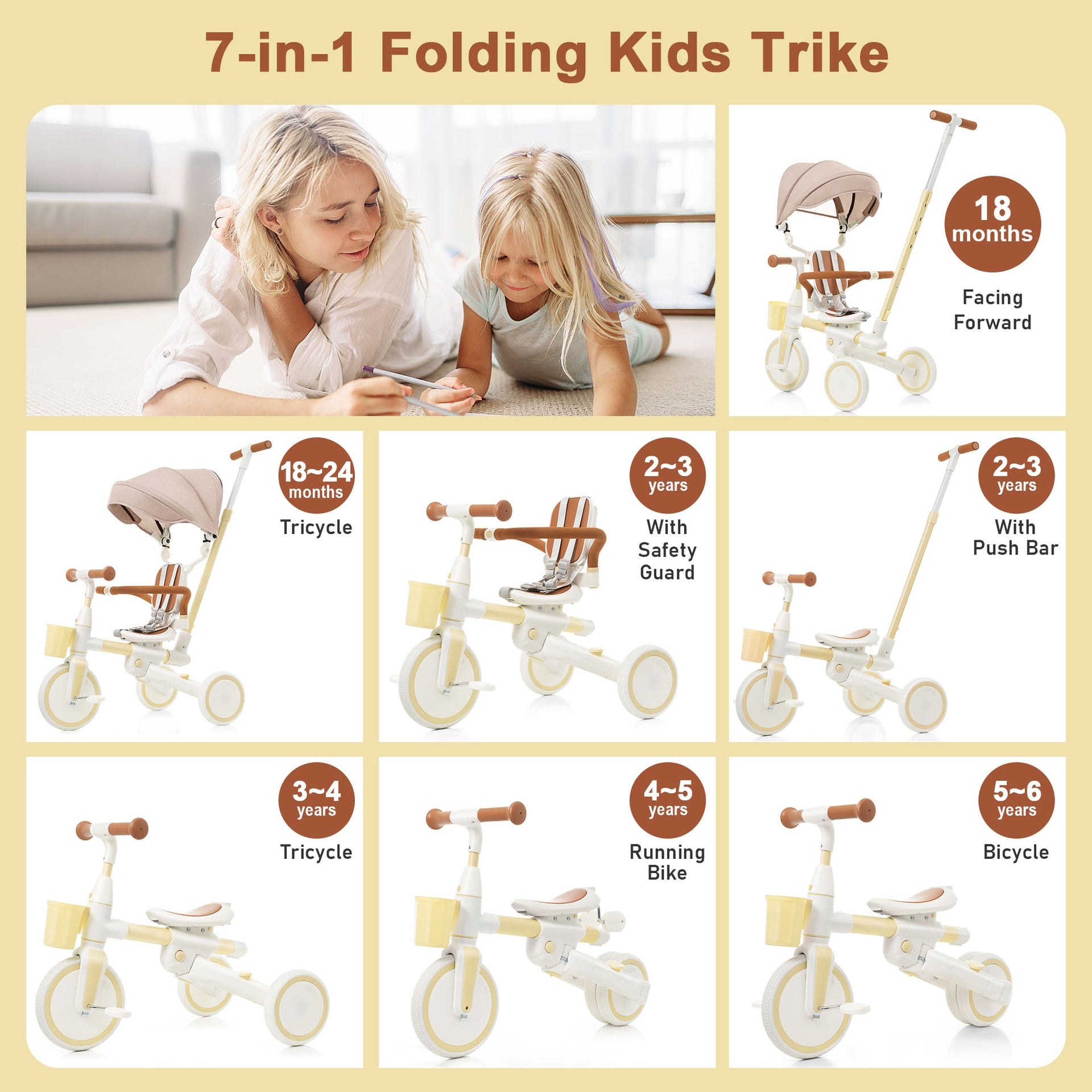7 in 1 Baby Tricycle, Toddler Tricycle with Removable and Adjustable Push Rod, Toddler Push Bike with Removable Pedal, Canopy, and Guardrail, Tricycle for 18-72 Months, yellow