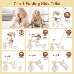 7 in 1 Baby Tricycle, Toddler Tricycle with Removable and Adjustable Push Rod, Toddler Push Bike with Removable Pedal, Canopy, and Guardrail, Tricycle for 18-72 Months, yellow