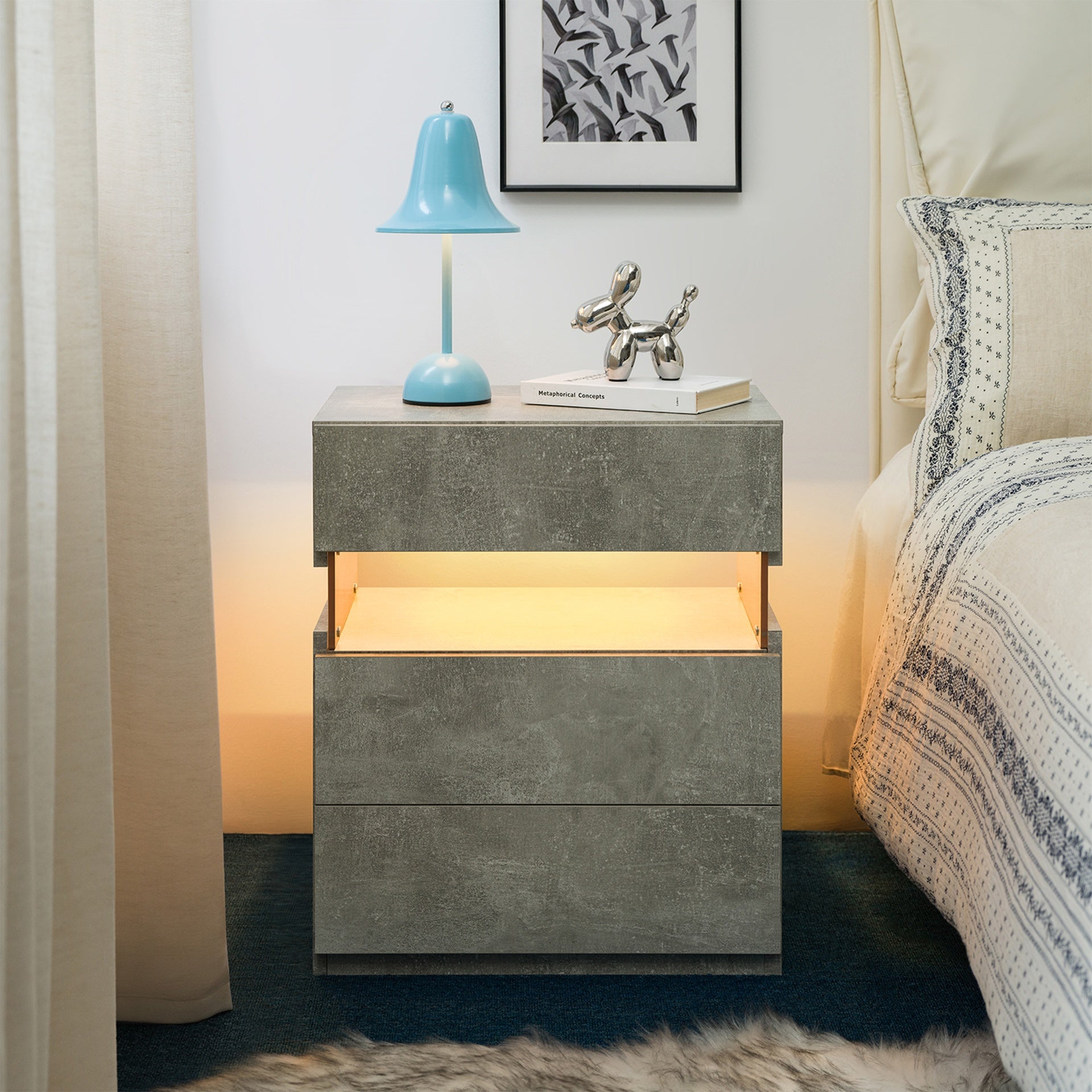 LED Nightstands 3 Drawer Dresser for Bedroom End Table with Acrylic Board LED Bedside Tables (Gray)