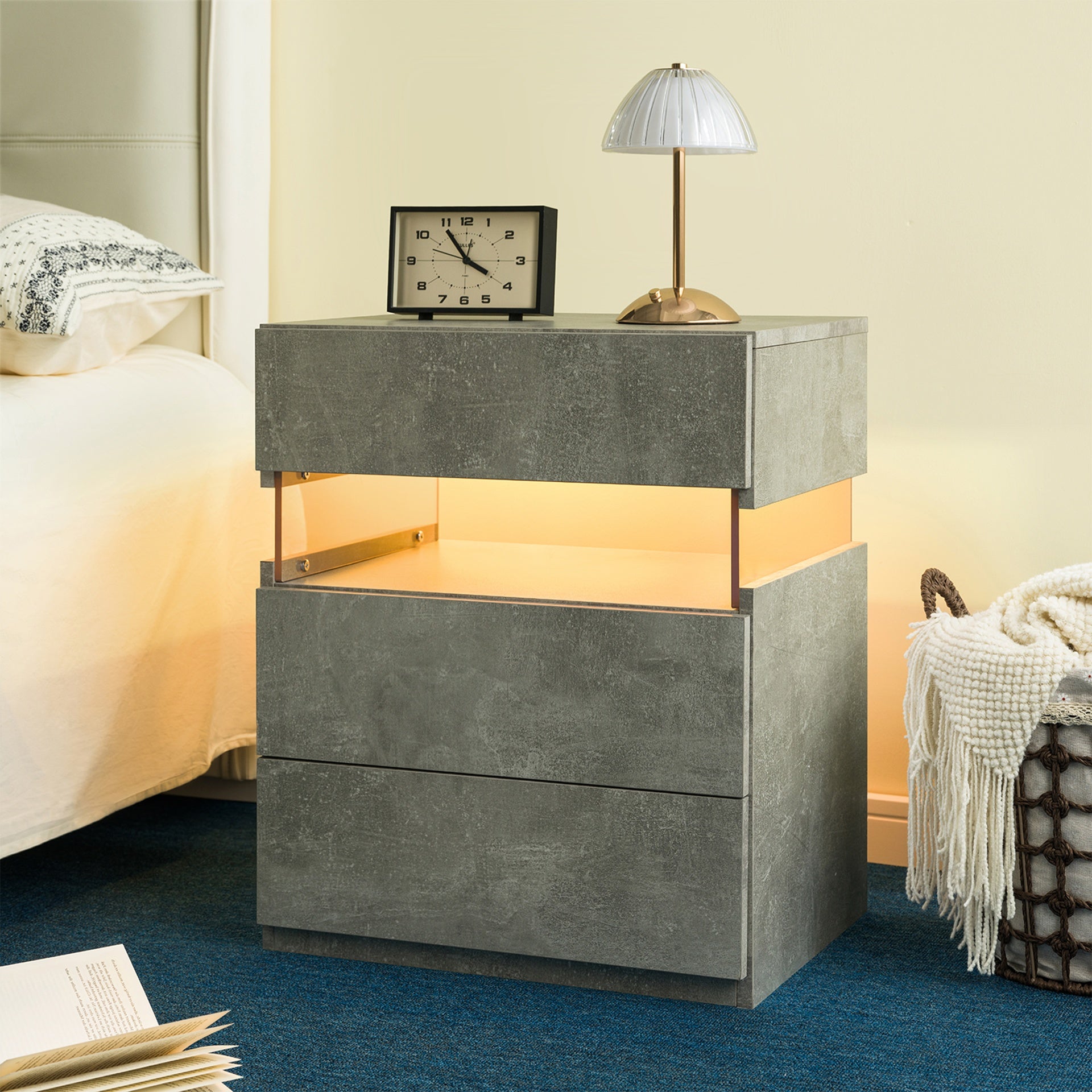 LED Nightstands 3 Drawer Dresser for Bedroom End Table with Acrylic Board LED Bedside Tables (Gray)