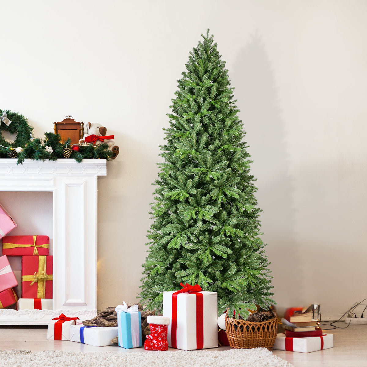7FT Christmas Tree with 1375 PE+PVC Tips – Full-Bodied Holiday Tree with Hinged Branches, Easy Assembly, Stable Metal Stand, Classic Green Xmas Decoration