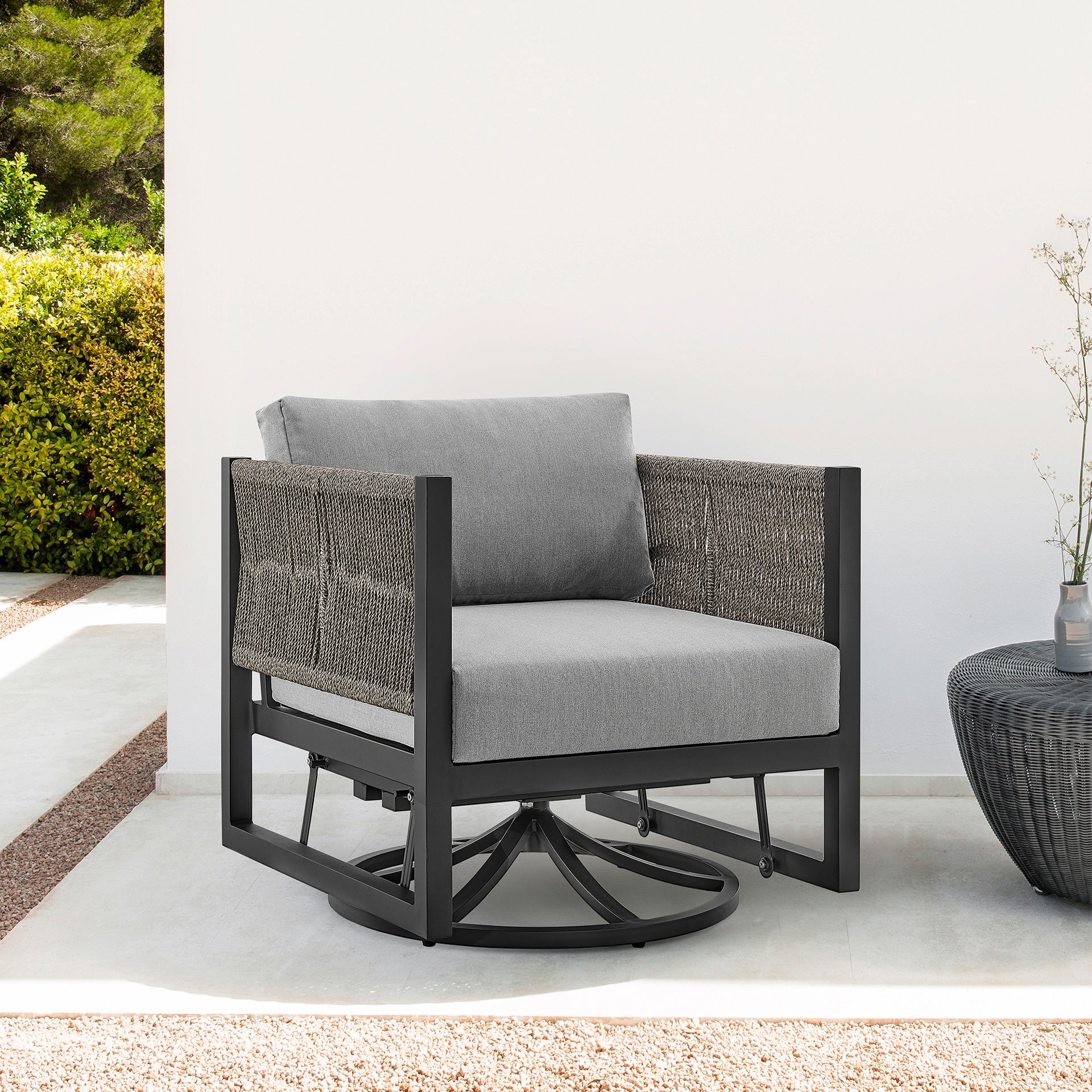 Mareike Outdoor Patio Swivel Glider Lounge Chair in Black Aluminum with Gray Cushions