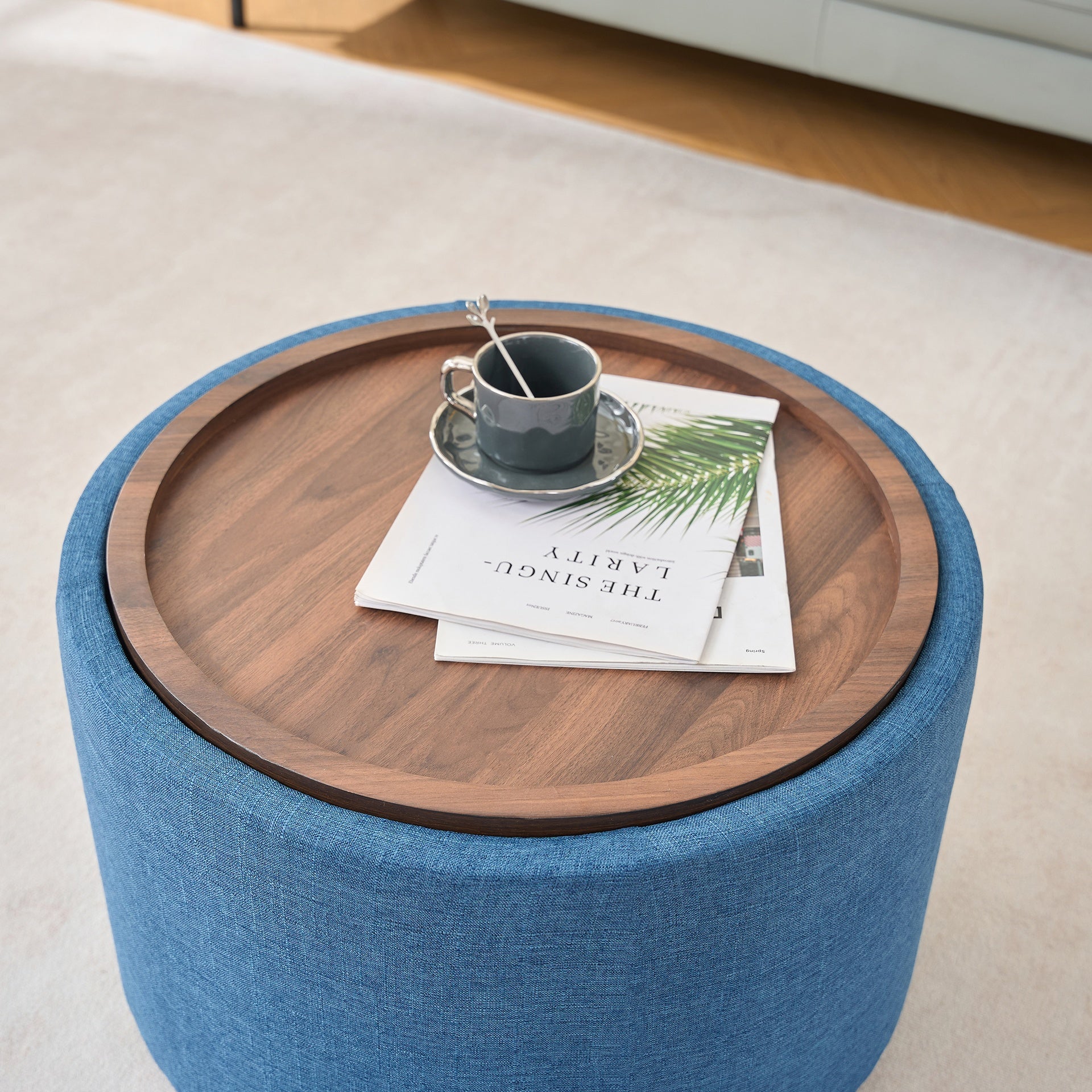 Ball & Cast Nesting Storage Ottomans of 2, Linen Upholstered Footstool w/Wood Tray, 22.75" Round Coffee Table & Bench, Blue
