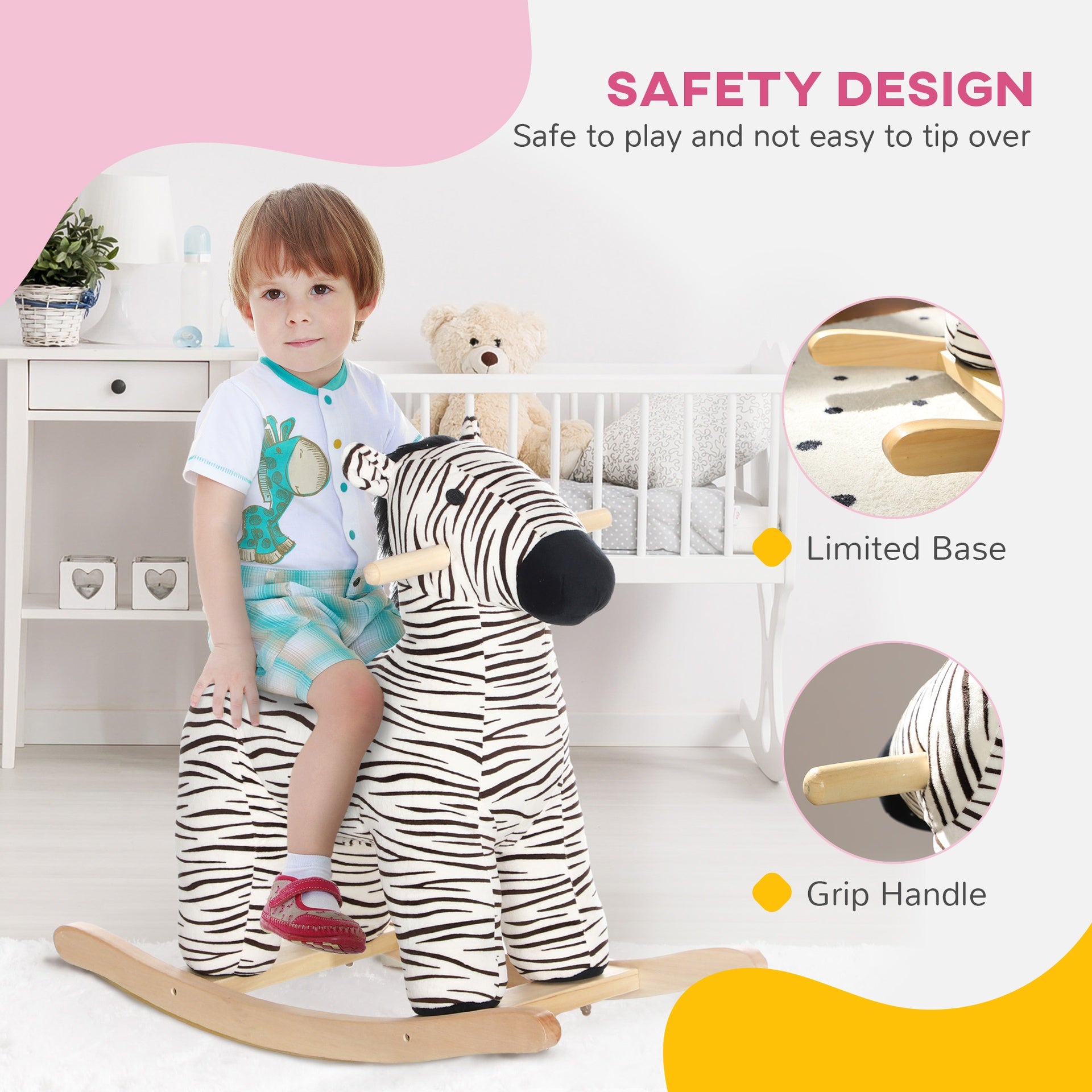 Qaba Rocking Horse, Kids Rocking Animal, Zebra Shaped Ride on Horse with Realistic Sound for Boys & Girls 2-4 Years, Black