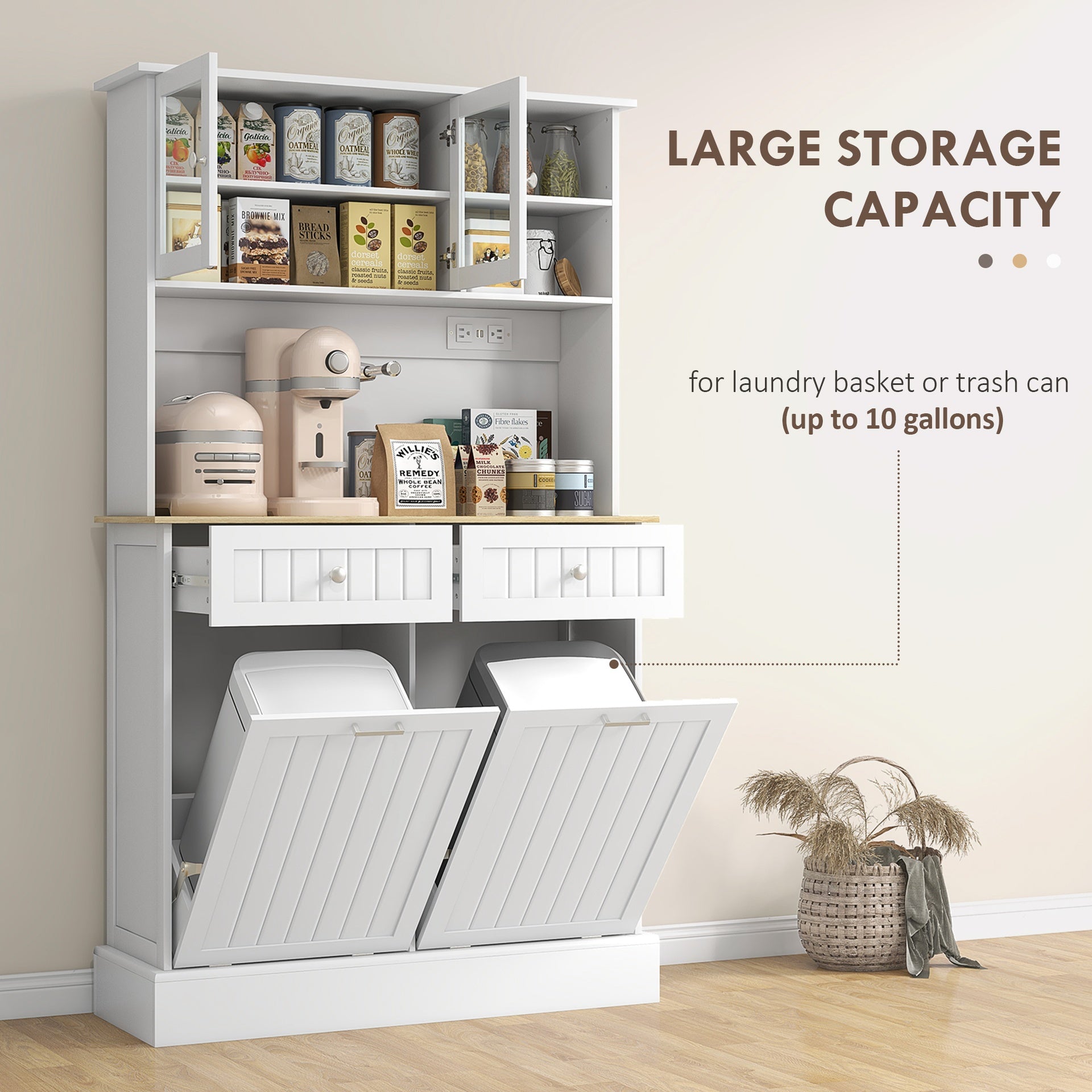 HOMCOM 68" Kitchen Pantry Storage Cabinet with Charging Station, 2 Tilt Out Trash Cabinets and Microwave Stand, Freestanding Kitchen Hutch with Glass Doors and Adjustable Shelf, White