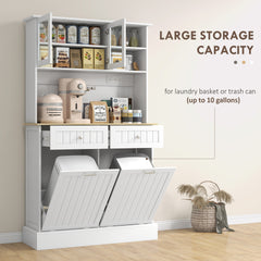 HOMCOM 68" Kitchen Pantry Storage Cabinet with Charging Station, 2 Tilt Out Trash Cabinets and Microwave Stand, Freestanding Kitchen Hutch with Glass Doors and Adjustable Shelf, White