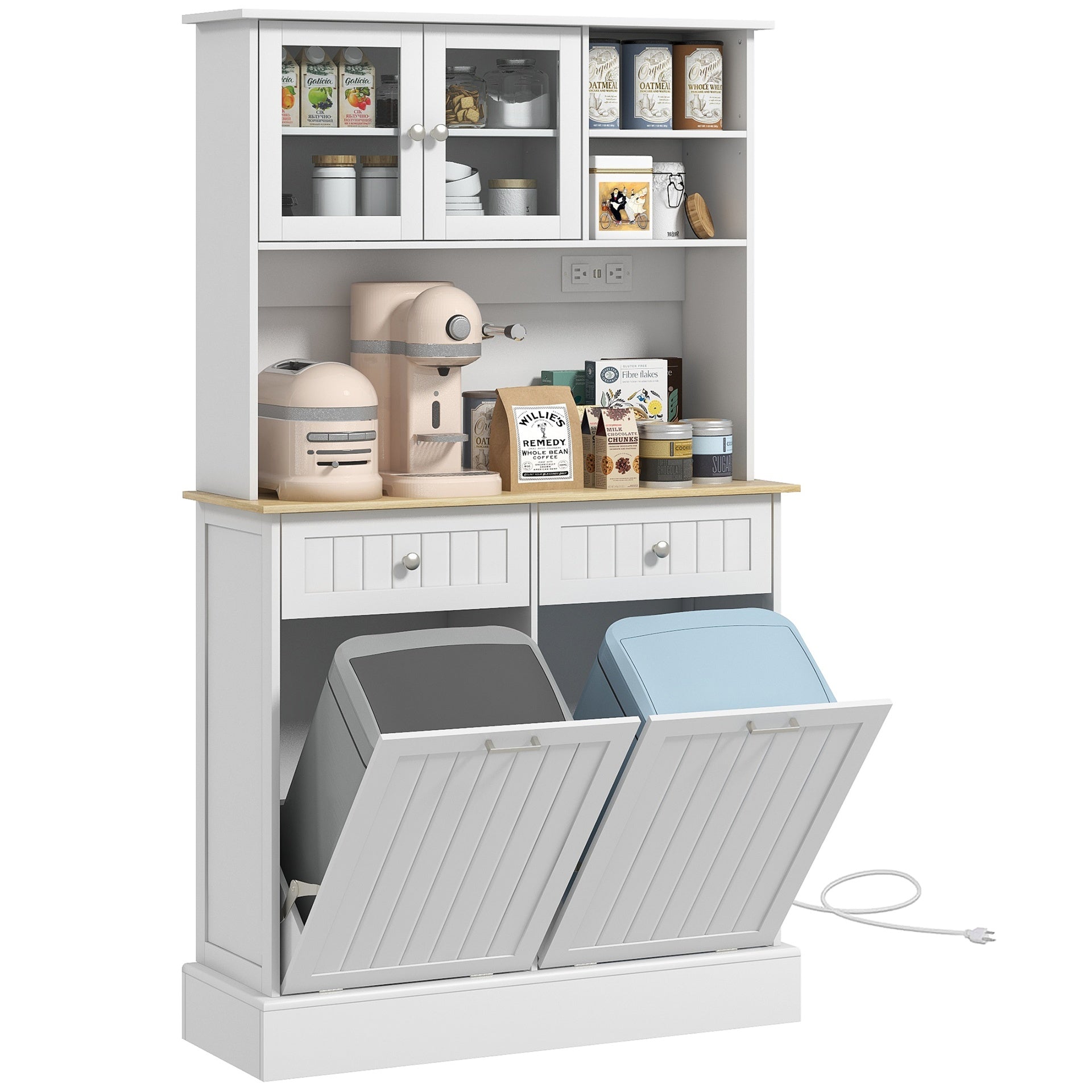 HOMCOM 68" Kitchen Pantry Storage Cabinet with Charging Station, 2 Tilt Out Trash Cabinets and Microwave Stand, Freestanding Kitchen Hutch with Glass Doors and Adjustable Shelf, White