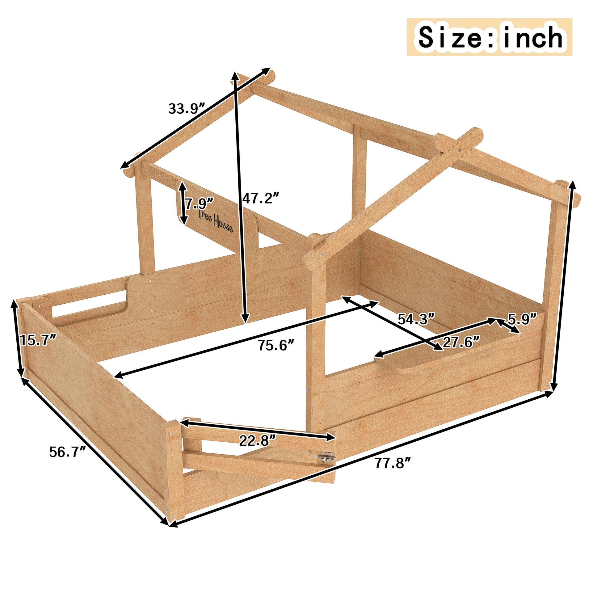 Full Size Floor Bed with Guardrails and Roof, Kids House Floor Bed with a Small Built-in Tray and Free-installed Signboard, Childlike Design, Natural