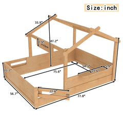 Full Size Floor Bed with Guardrails and Roof, Kids House Floor Bed with a Small Built-in Tray and Free-installed Signboard, Childlike Design, Natural