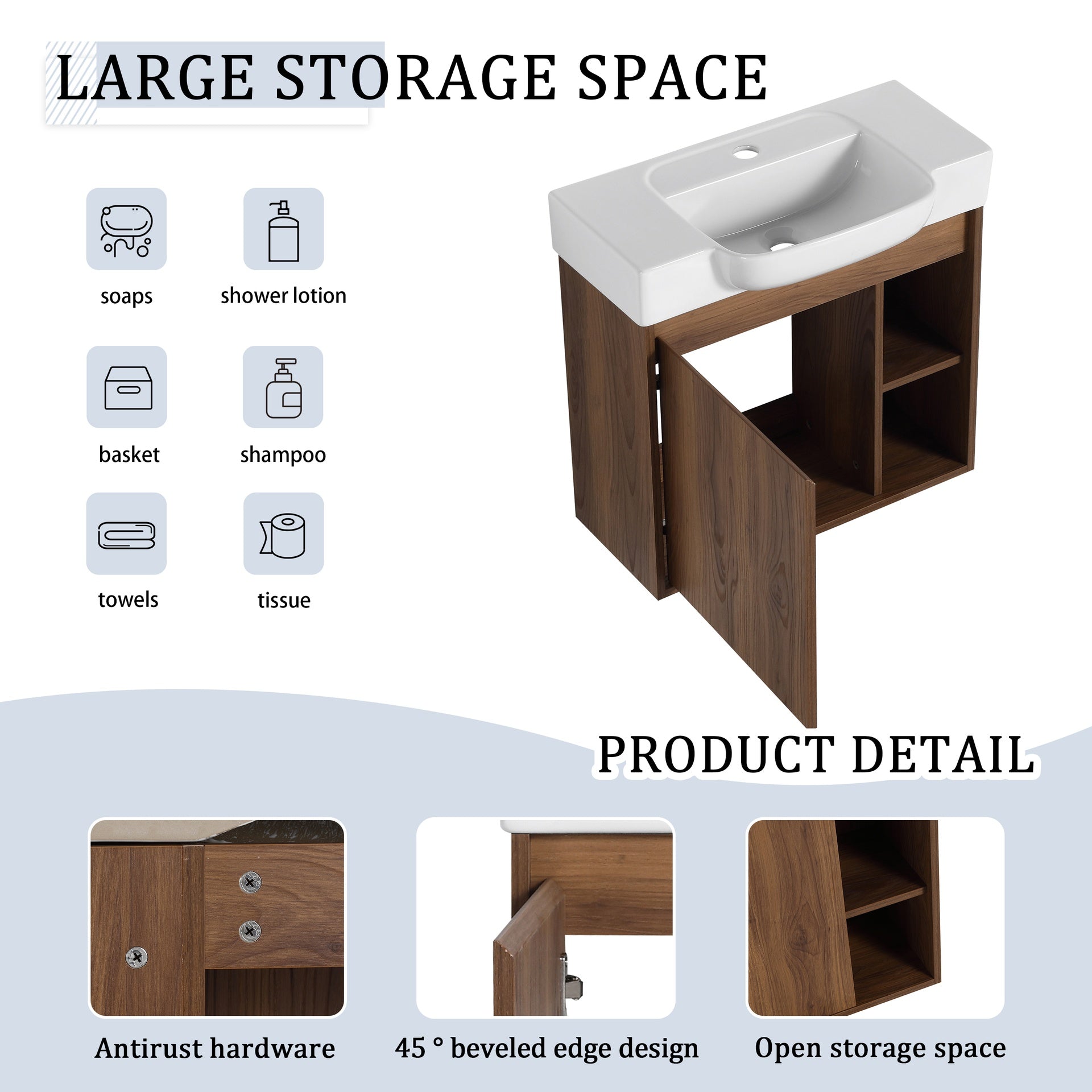 24'' Wall-Mounted Bathroom Vanity with White Ceramic Sink & Soft-Close Door, KD-Packing