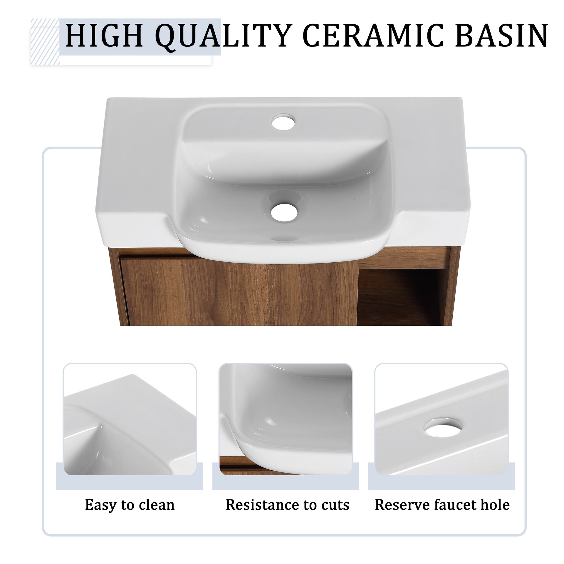 24'' Wall-Mounted Bathroom Vanity with White Ceramic Sink & Soft-Close Door, KD-Packing