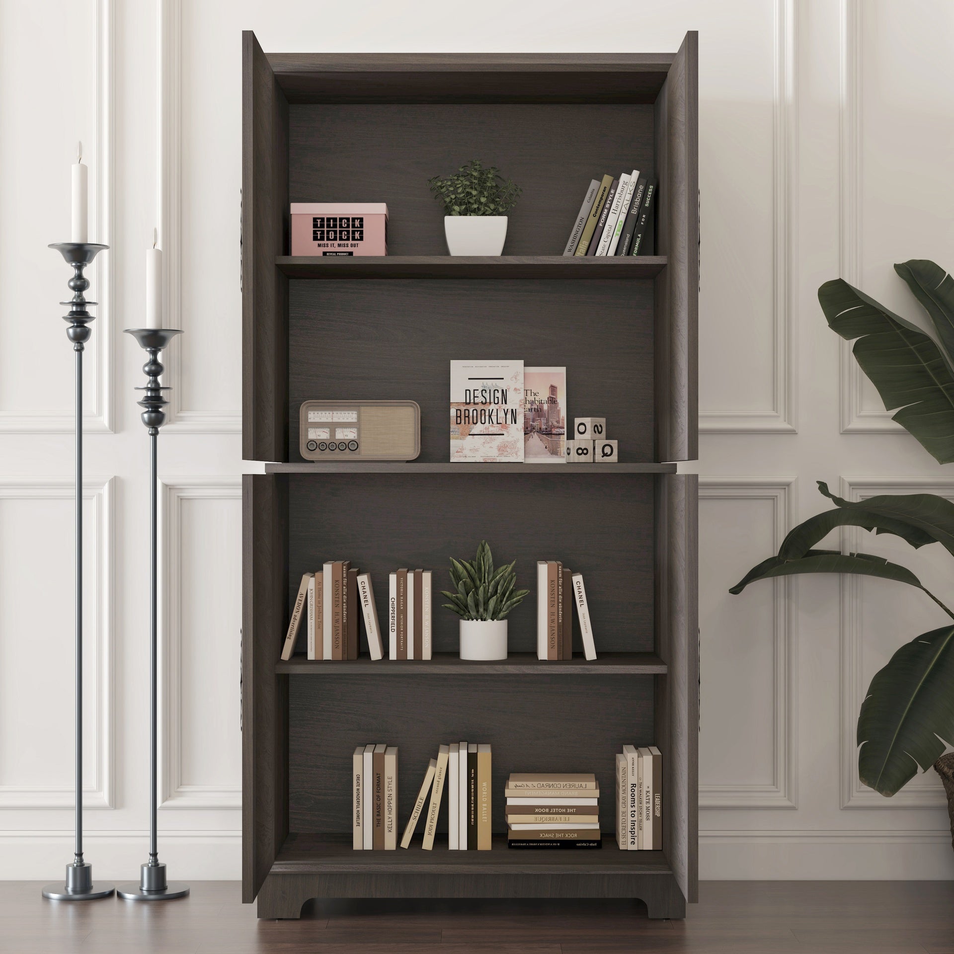 Display sideboard buffet with 4 Acrylic Mirrored doors, Adjustable Shelves storage Cabinet for Kitchen, Living Room, bedroom Cabinet, MDF Dark Brown finish