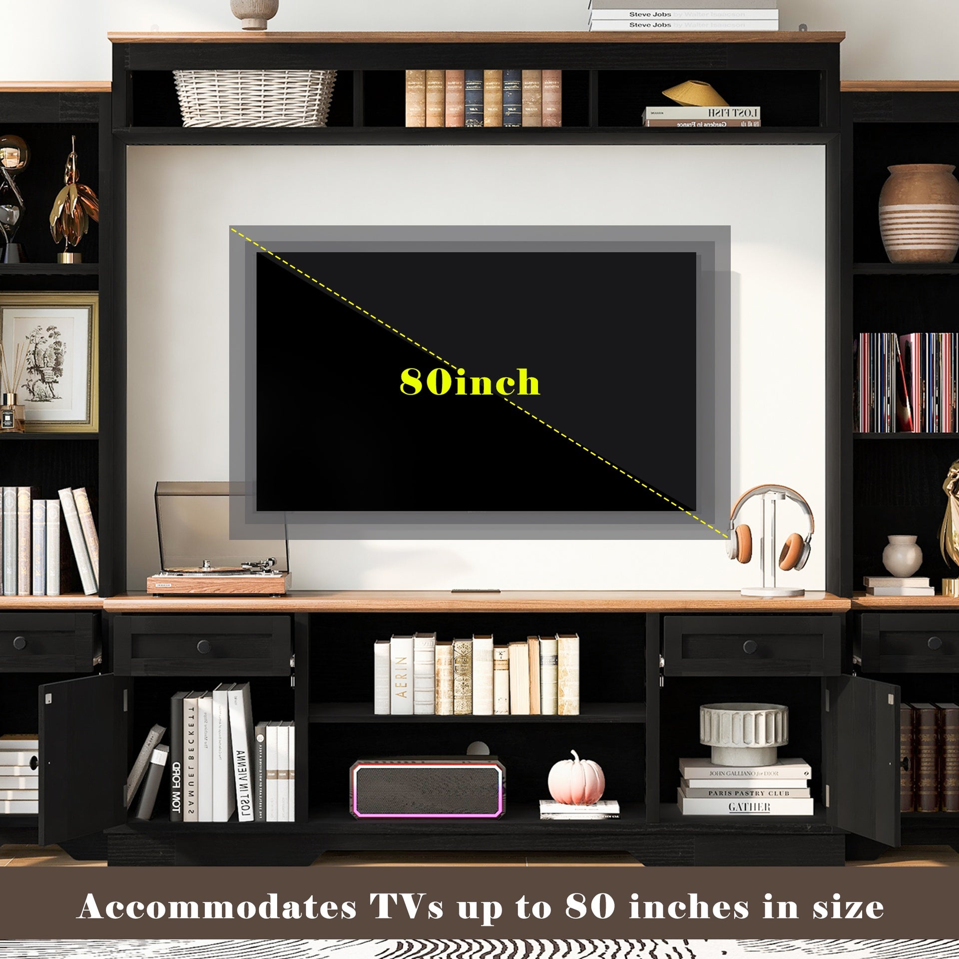 U-Can 98.8" W Wall Unit Entertainment Center with Bookshelves for TVs up to 80", Modern TV Stand Media Console with Cabinets and Adjustable Shelves for Living Room
