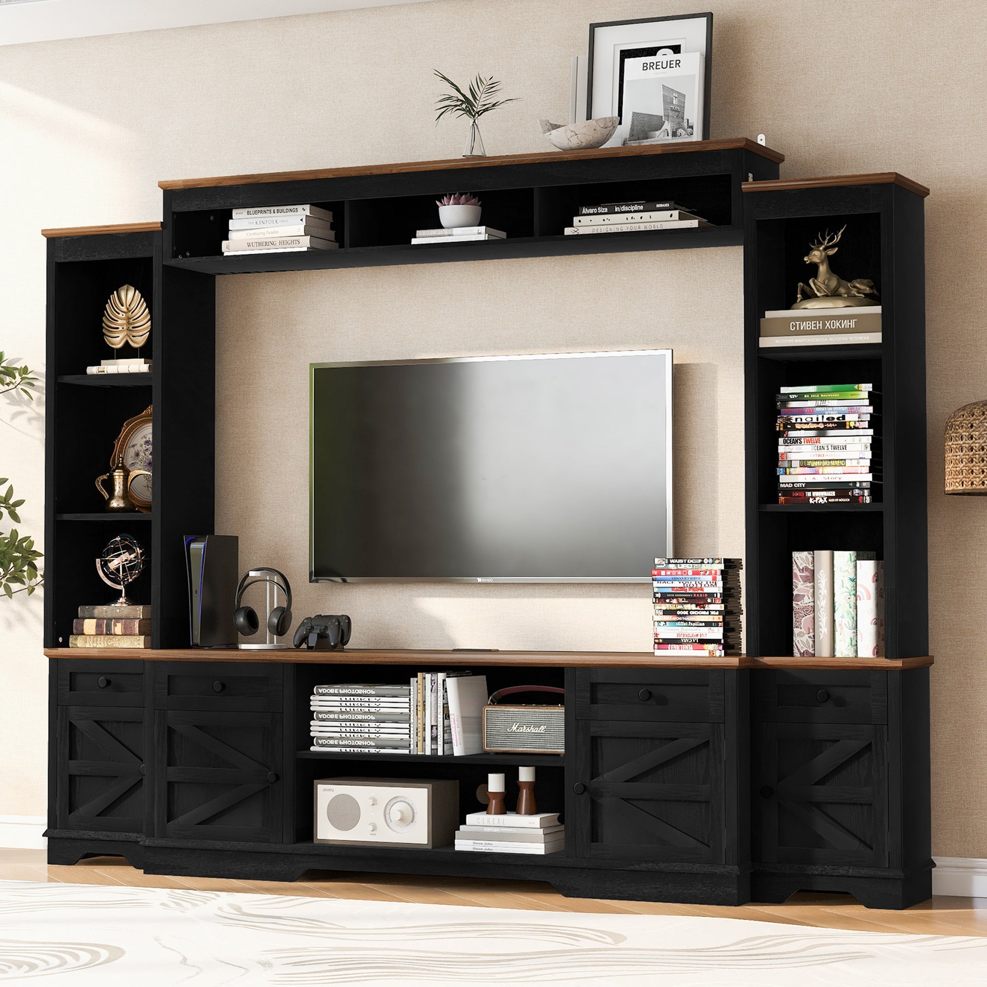 U-Can 98.8" W Wall Unit Entertainment Center with Bookshelves for TVs up to 80", Modern TV Stand Media Console with Cabinets and Adjustable Shelves for Living Room