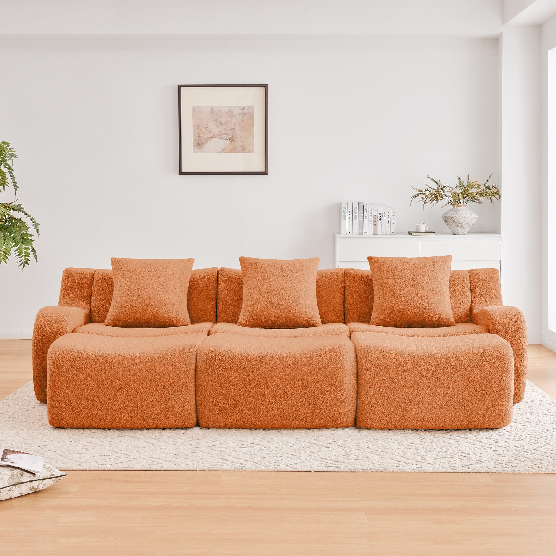 Three-Seat Boneless Sofa High-Quality Teddy Fabric,No assembly required Curved armrest Anti-slip Design  Ergonomic design, Assembly Chaise  32D High Density Sponge living rooms media rooms,Orange