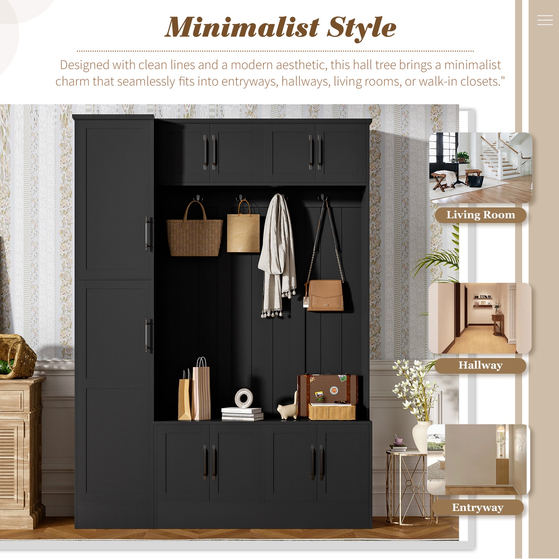 VIBE HAUS 79'' Tall Modern Hall Tree with Shoe Storage, 4-in-1 Entryway Bench with 6 Cabinets, 4 Coat Hooks & Adjustable Shelf for Hallway, living room, Black