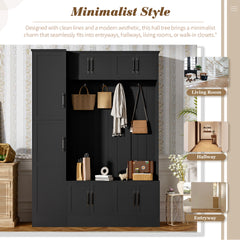 VIBE HAUS 79'' Tall Modern Hall Tree with Shoe Storage, 4-in-1 Entryway Bench with 6 Cabinets, 4 Coat Hooks & Adjustable Shelf for Hallway, living room, Black