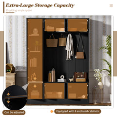 VIBE HAUS 79'' Tall Modern Hall Tree with Shoe Storage, 4-in-1 Entryway Bench with 6 Cabinets, 4 Coat Hooks & Adjustable Shelf for Hallway, living room, Black