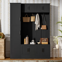 VIBE HAUS 79'' Tall Modern Hall Tree with Shoe Storage, 4-in-1 Entryway Bench with 6 Cabinets, 4 Coat Hooks & Adjustable Shelf for Hallway, living room, Black