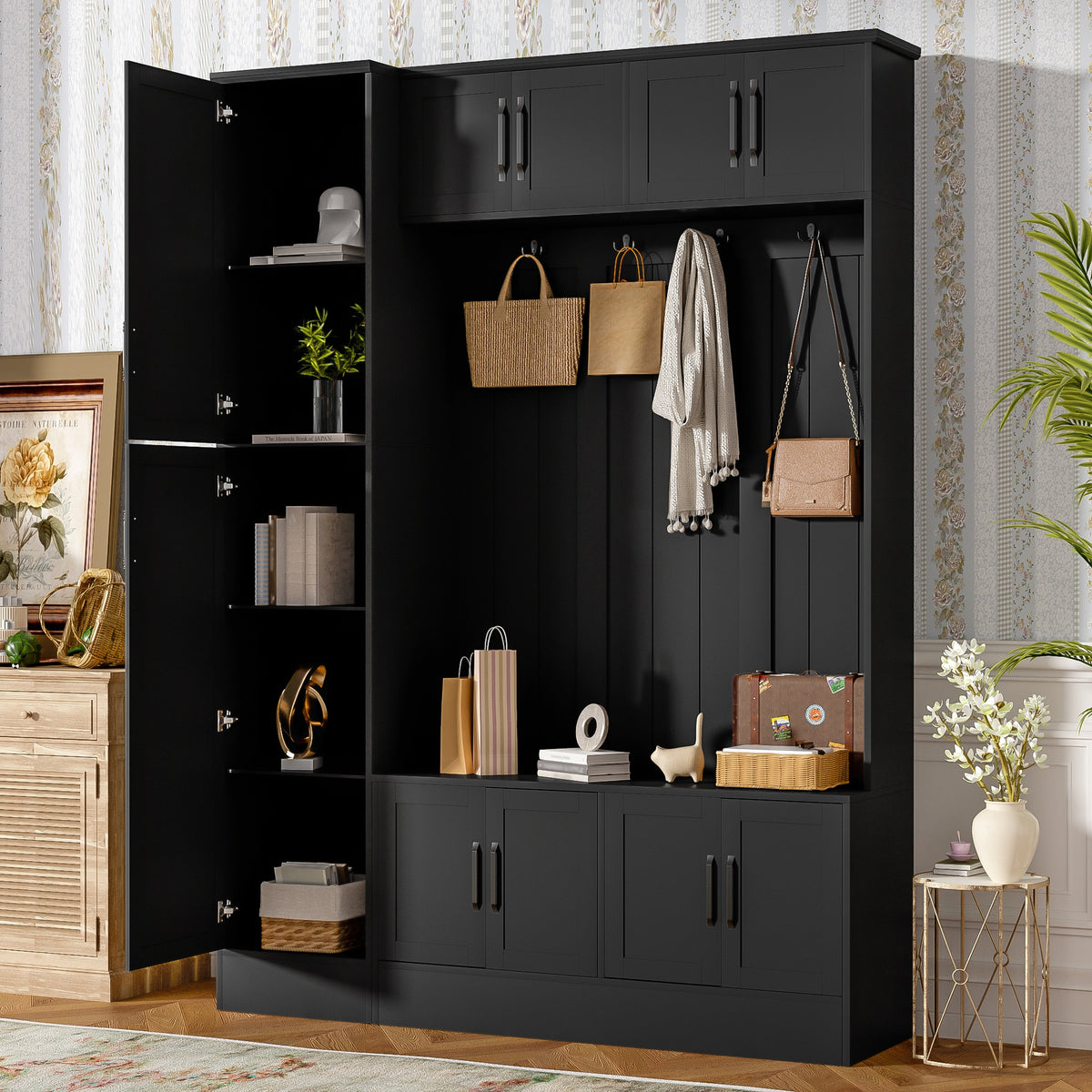 VIBE HAUS 79'' Tall Modern Hall Tree with Shoe Storage, 4-in-1 Entryway Bench with 6 Cabinets, 4 Coat Hooks & Adjustable Shelf for Hallway, living room, Black
