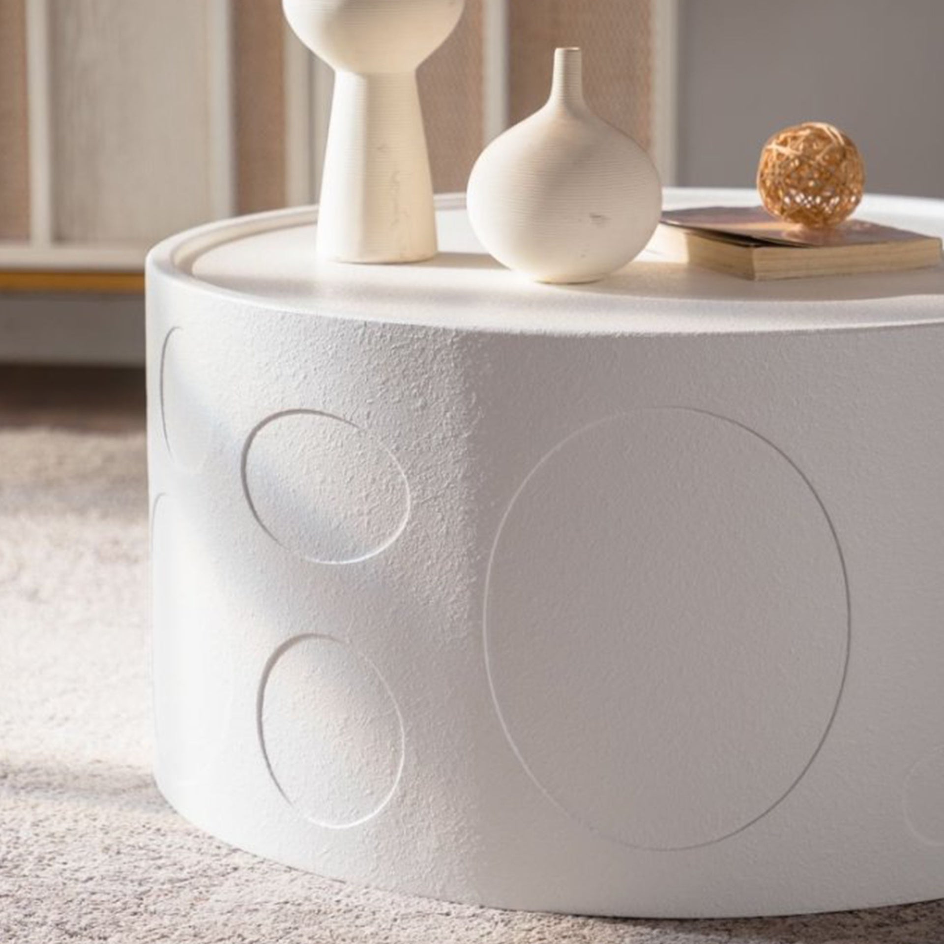 Round Side Table Handcrafted Relief Sturdy Pedestal Wooden SideTable for Living Room no need to Assemble