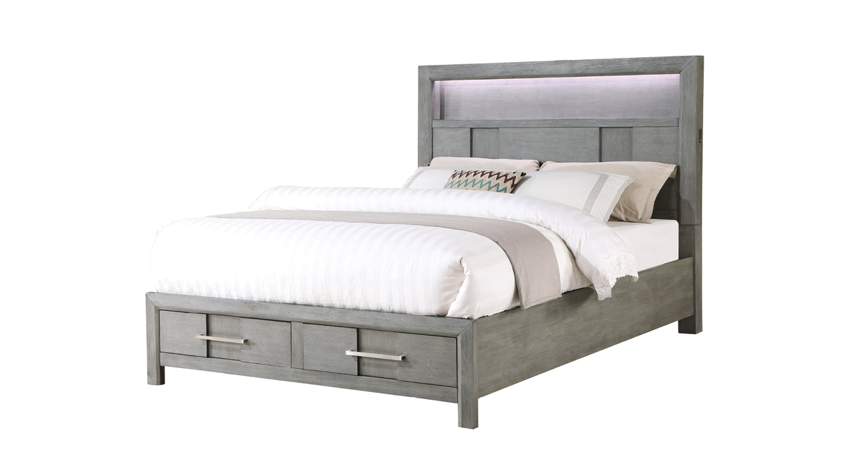Modern Style Queen Bed Made with Wood & LED Headboard with bookshelf in Gray ( NJ Inventory)