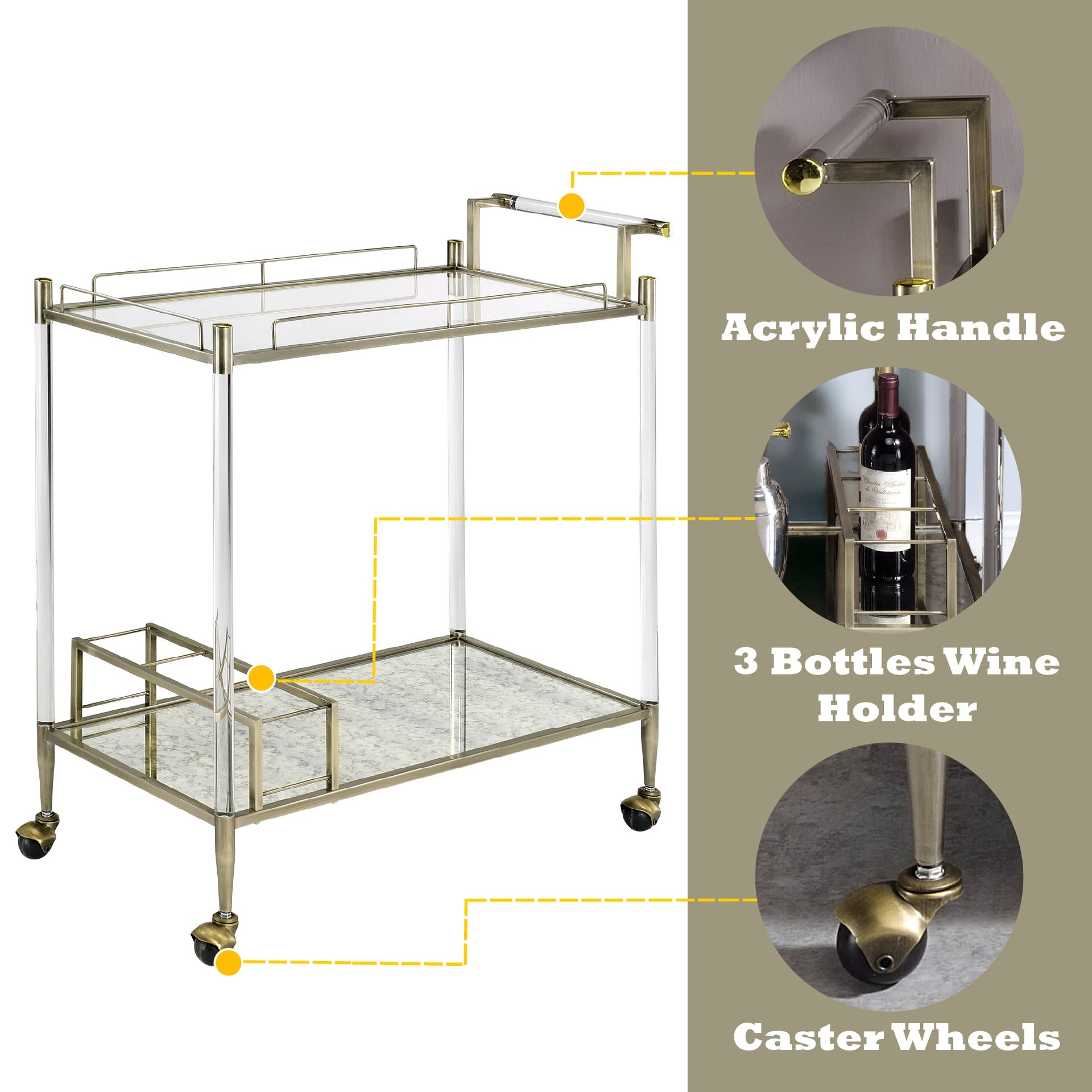 Cirro Antique Mirror & Wire Brass Finish Serving Cart