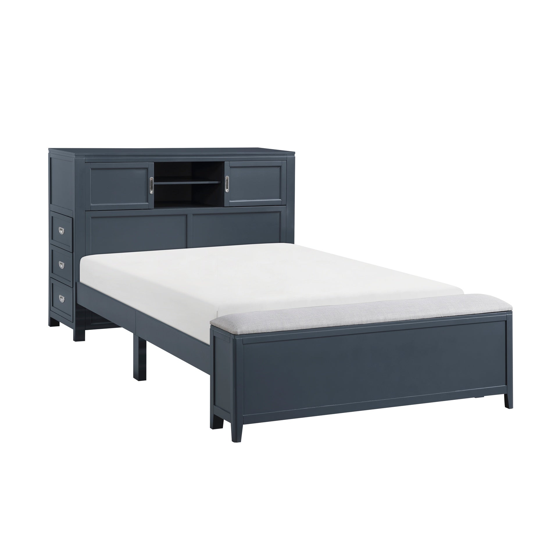 Navy Blue Finish Full Platform Bed with Bookcase Headboard Drawers Hidden Desk Stool Footboard Storage Bench Bedroom Furniture 1pc
