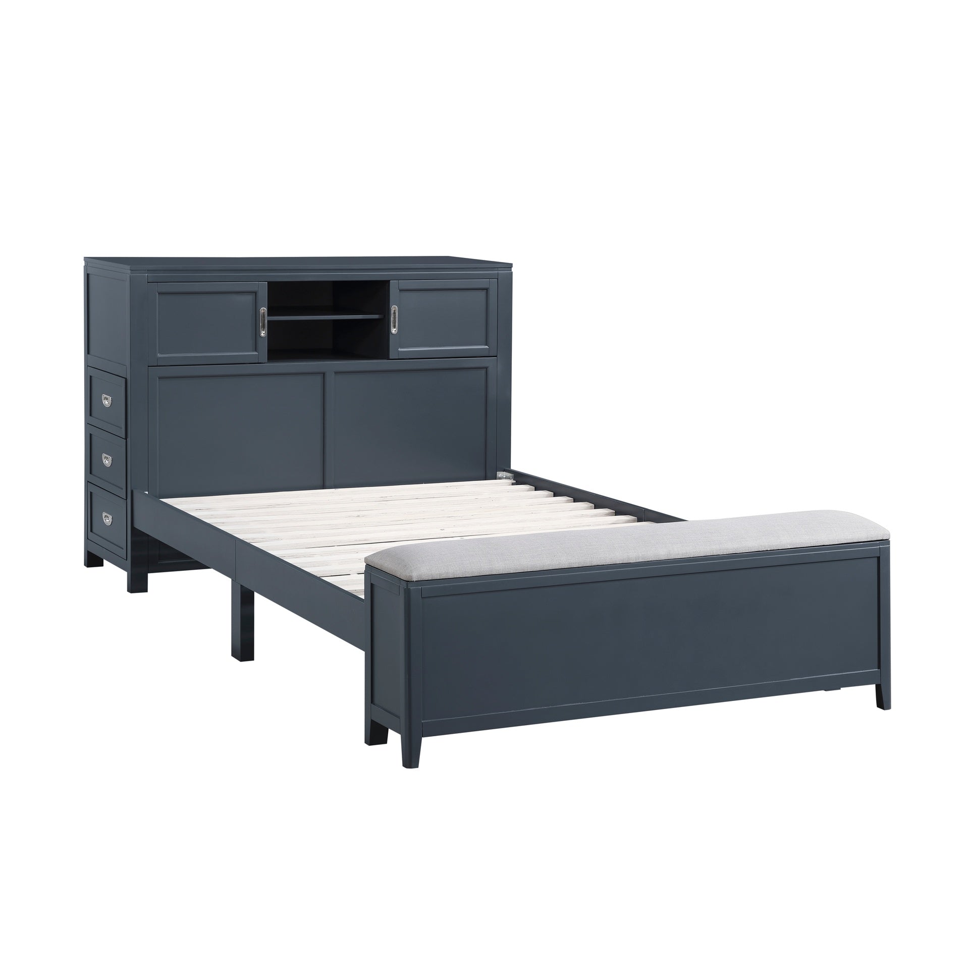 Navy Blue Finish Full Platform Bed with Bookcase Headboard Drawers Hidden Desk Stool Footboard Storage Bench Bedroom Furniture 1pc