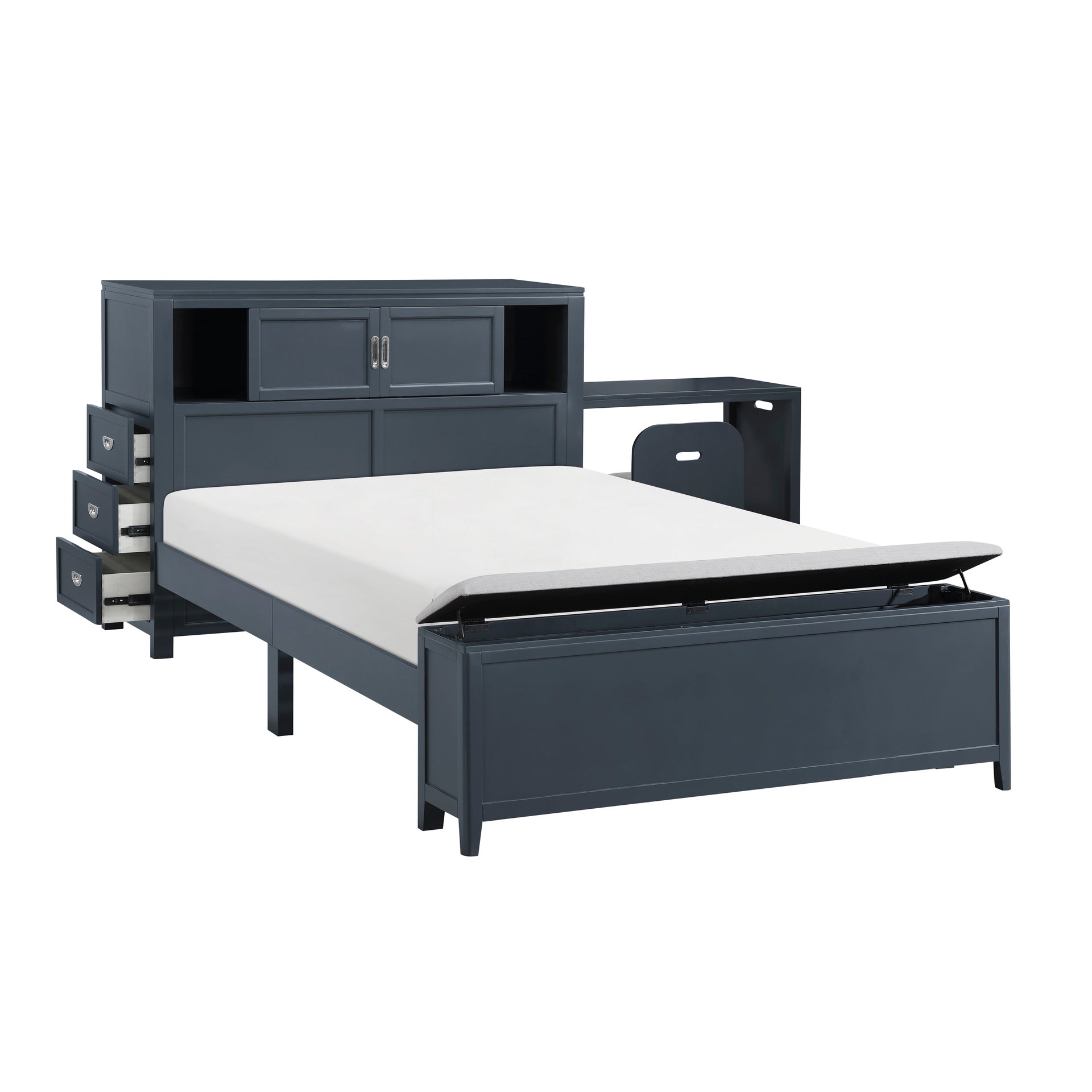 Navy Blue Finish Full Platform Bed with Bookcase Headboard Drawers Hidden Desk Stool Footboard Storage Bench Bedroom Furniture 1pc