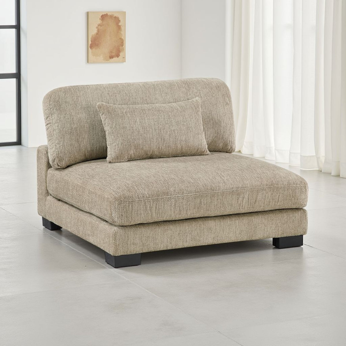 Liny Armless Chair, 1 Pillow, Brown Microfiber, Black Solid Wood