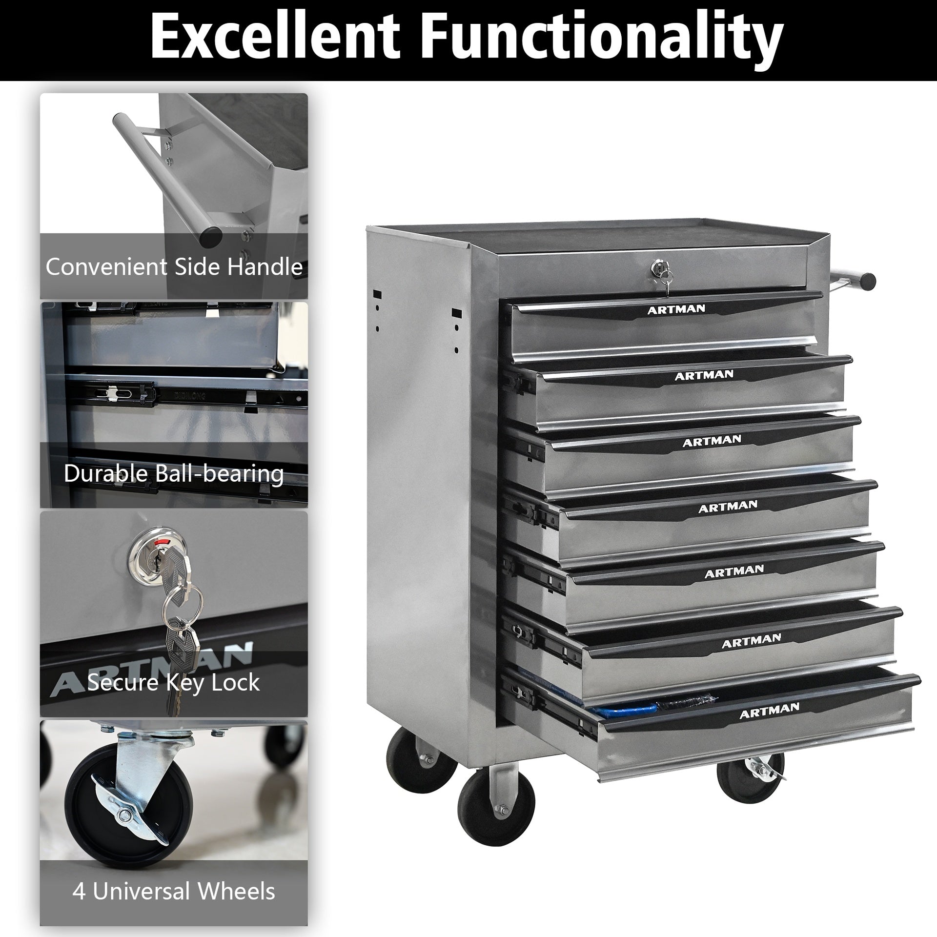 Rolling Metal Tool Chest with 7 Drawers, 20" 7-Drawer Tool Chest Cabinet with Ball Bearing Drawer Slides, Steel Tool Storage Box Organizer -SILVER