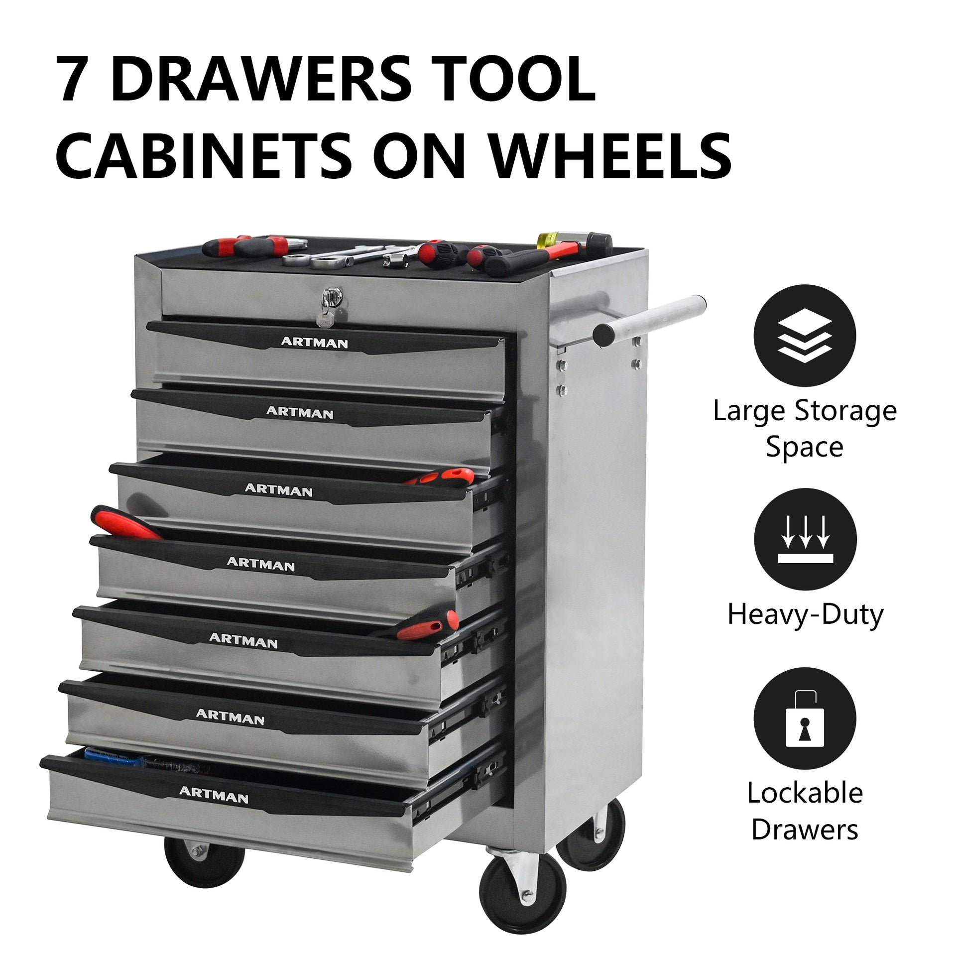 Rolling Metal Tool Chest with 7 Drawers, 20" 7-Drawer Tool Chest Cabinet with Ball Bearing Drawer Slides, Steel Tool Storage Box Organizer -SILVER