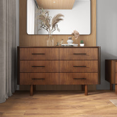 Logan Mid Century Modern Walnut Dresser with 6 Drawers for Ample Storage in Solid Wood 33.1 inchH x 55.9 inchW x 17.7 inchD