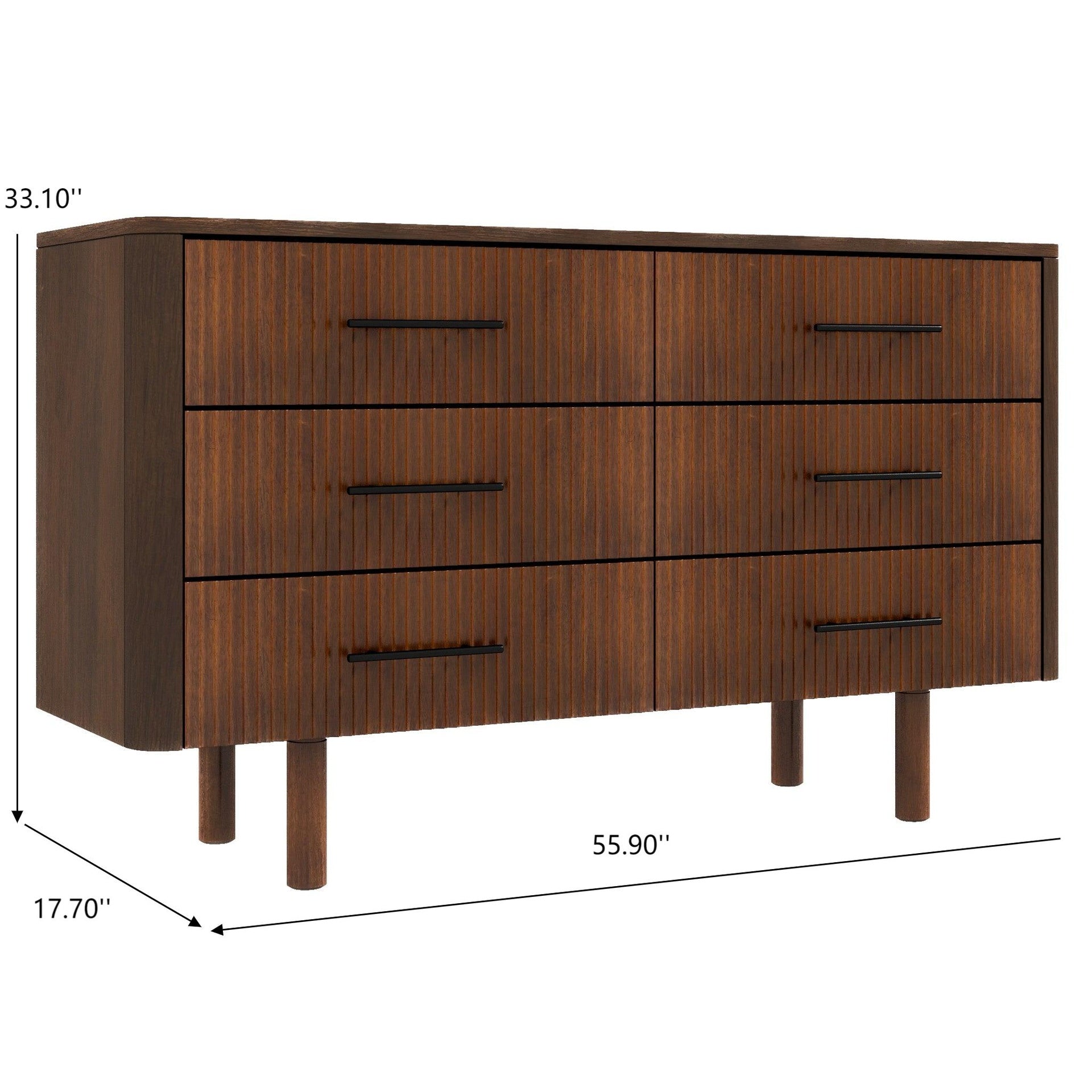 Logan Mid Century Modern Walnut Dresser with 6 Drawers for Ample Storage in Solid Wood 33.1 inchH x 55.9 inchW x 17.7 inchD