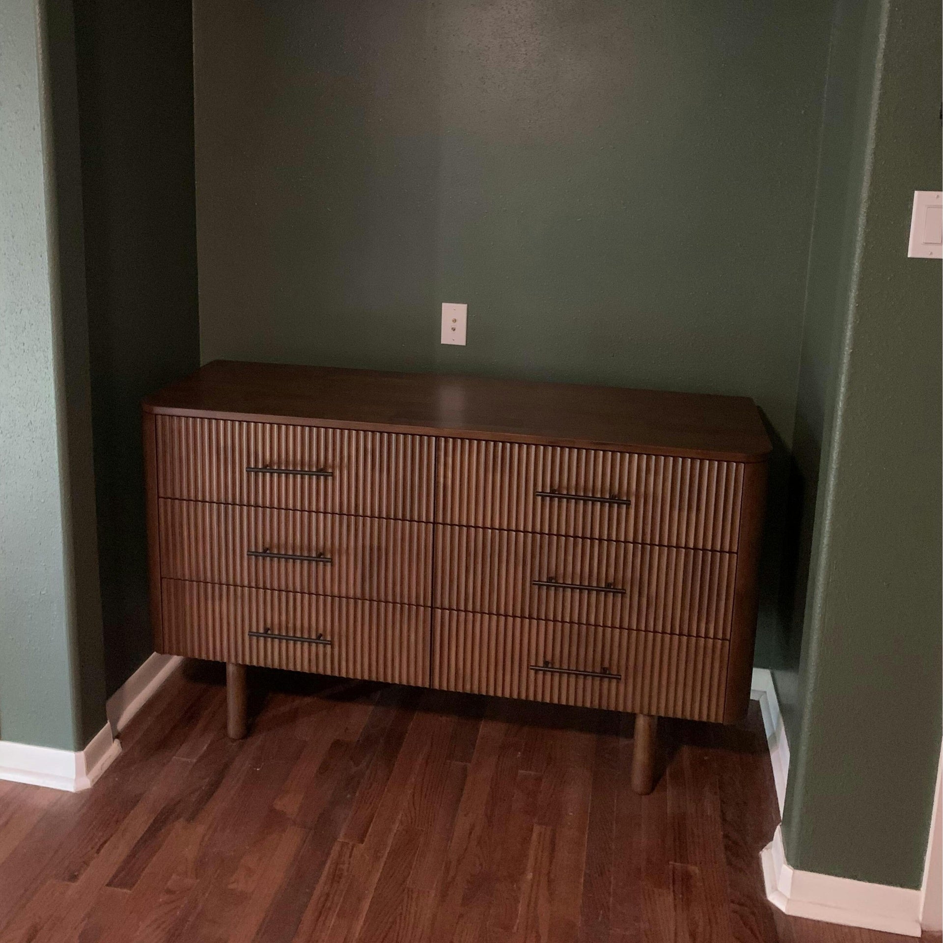 Logan Mid Century Modern Walnut Dresser with 6 Drawers for Ample Storage in Solid Wood 33.1 inchH x 55.9 inchW x 17.7 inchD