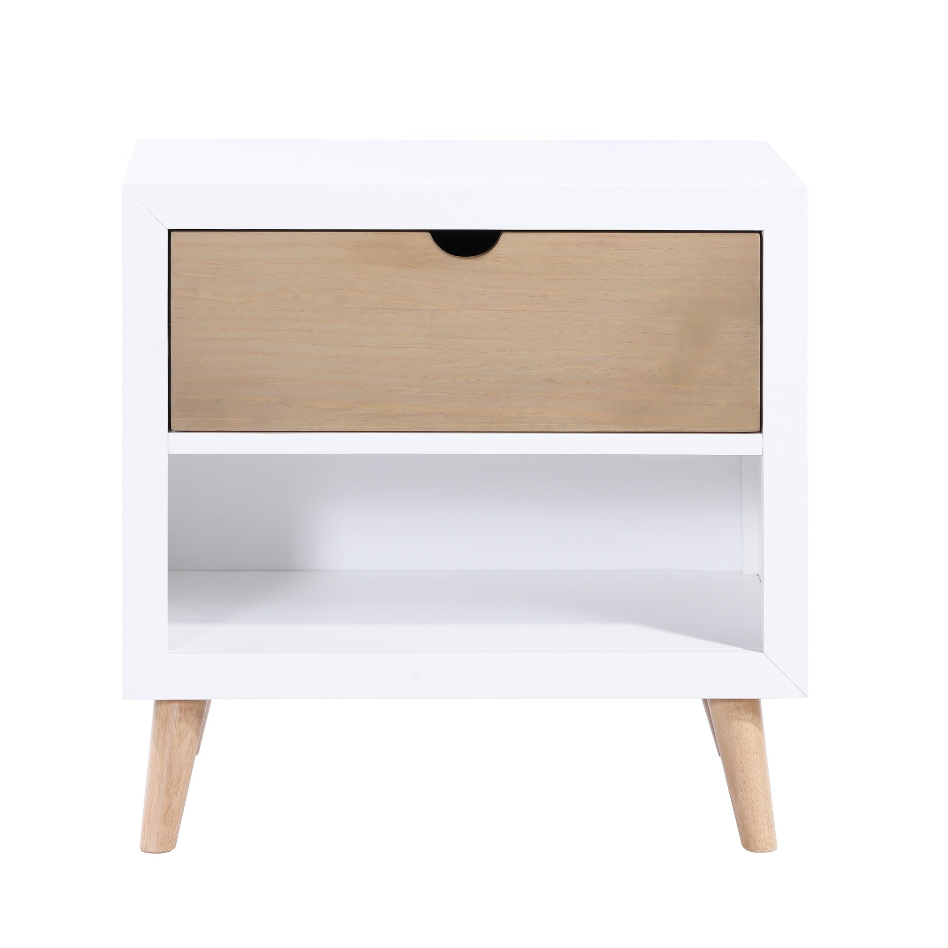 White and Natural Finish Drawer and Open Shelf Nightstand Bedroom Furniture 1pc