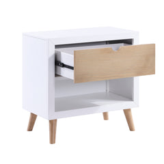 White and Natural Finish Drawer and Open Shelf Nightstand Bedroom Furniture 1pc