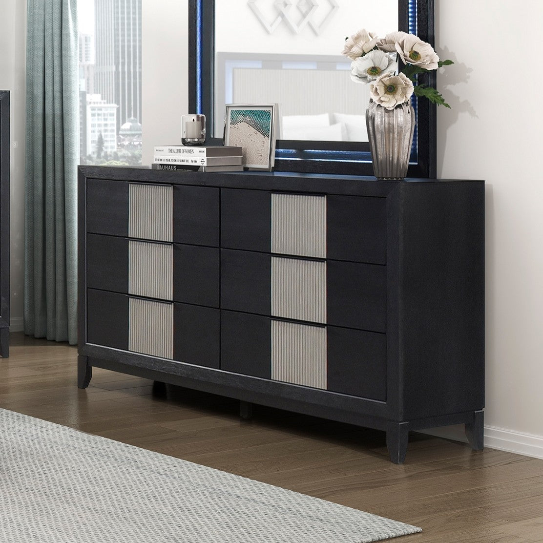Contemporary 6-Drawer Dresser Charcoal Gray Finish Solid Wood Bedroom Furniture 1pc Storage Cabinet Reeded Front Panels
