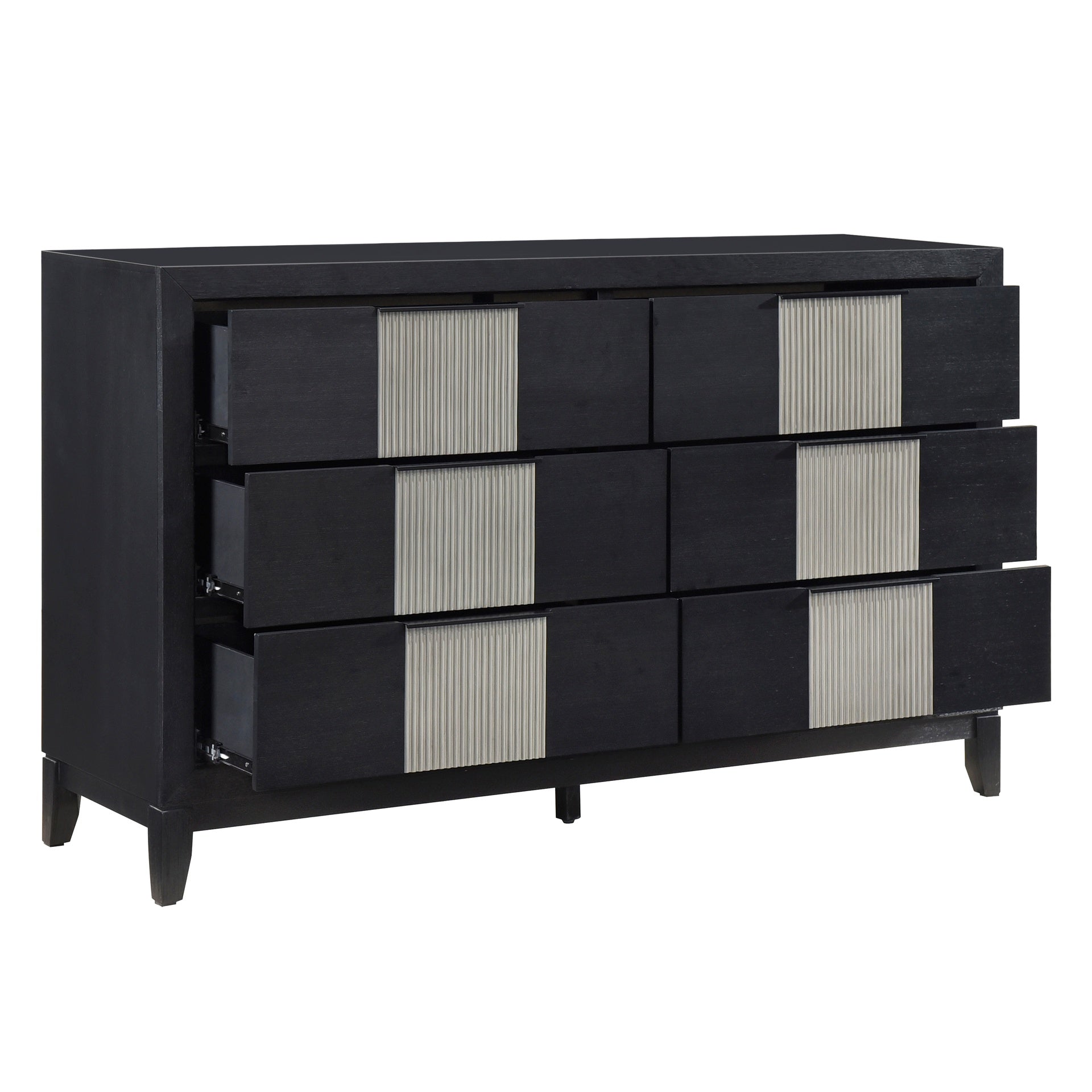 Contemporary 6-Drawer Dresser Charcoal Gray Finish Solid Wood Bedroom Furniture 1pc Storage Cabinet Reeded Front Panels