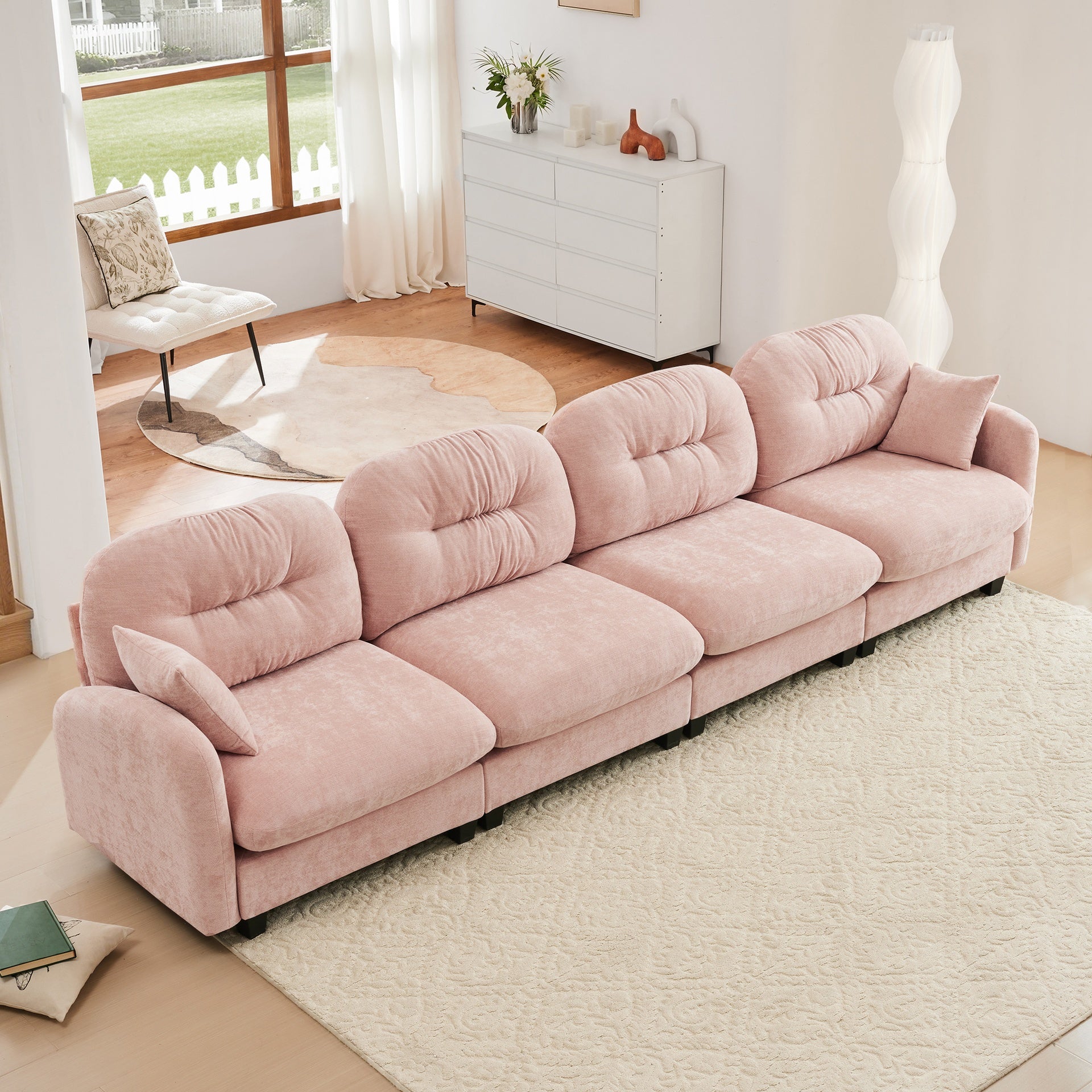 Four-Seater Modular Sectional Couch,Premium Chenille Fabric,With 2 Throw Pillows,Tufted Cushion Backrest Design,High-Density Foam Easy Install,Fits Bedrooms,Living Rooms,Reading Nooks,Pink