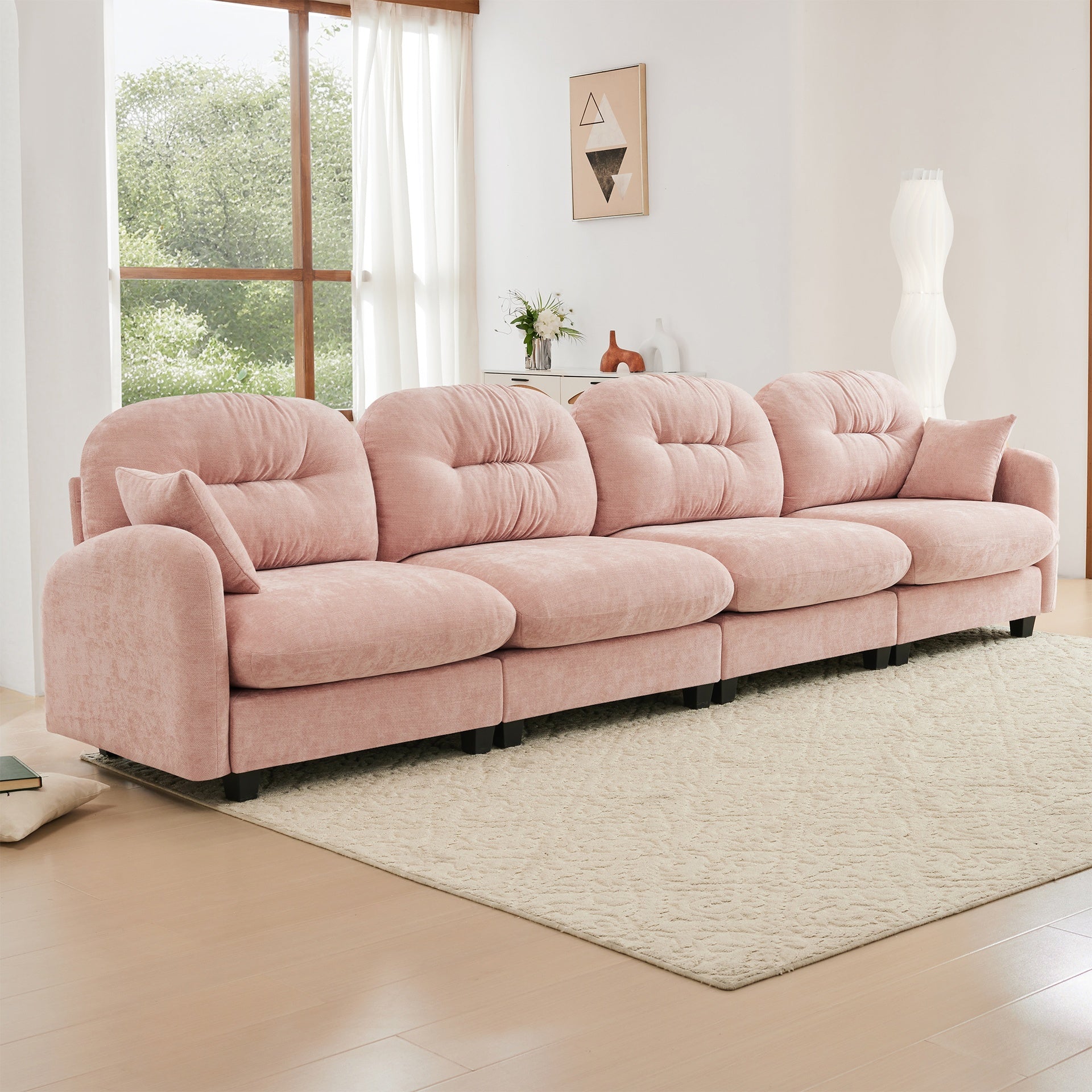 Four-Seater Modular Sectional Couch,Premium Chenille Fabric,With 2 Throw Pillows,Tufted Cushion Backrest Design,High-Density Foam Easy Install,Fits Bedrooms,Living Rooms,Reading Nooks,Pink