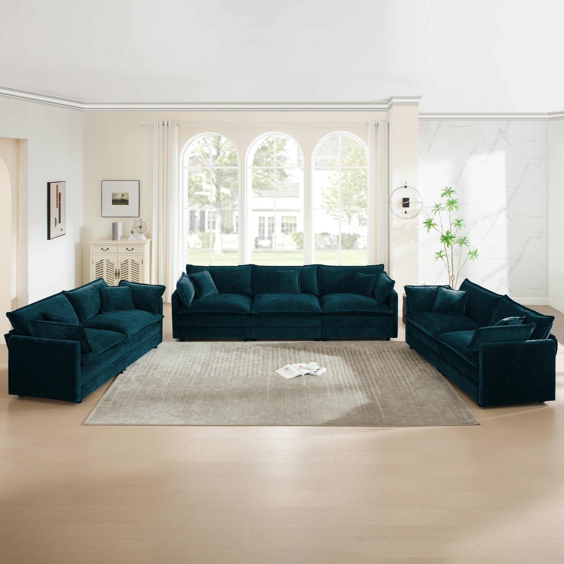 3 Piece Sofa Set Oversized Sofa Comfy Sofa Couch, 2 Pieces of 2 Seater and 1 Piece of 3 Seater Sofa  for Living Room, Deep Seat Sofa Blue Chenille