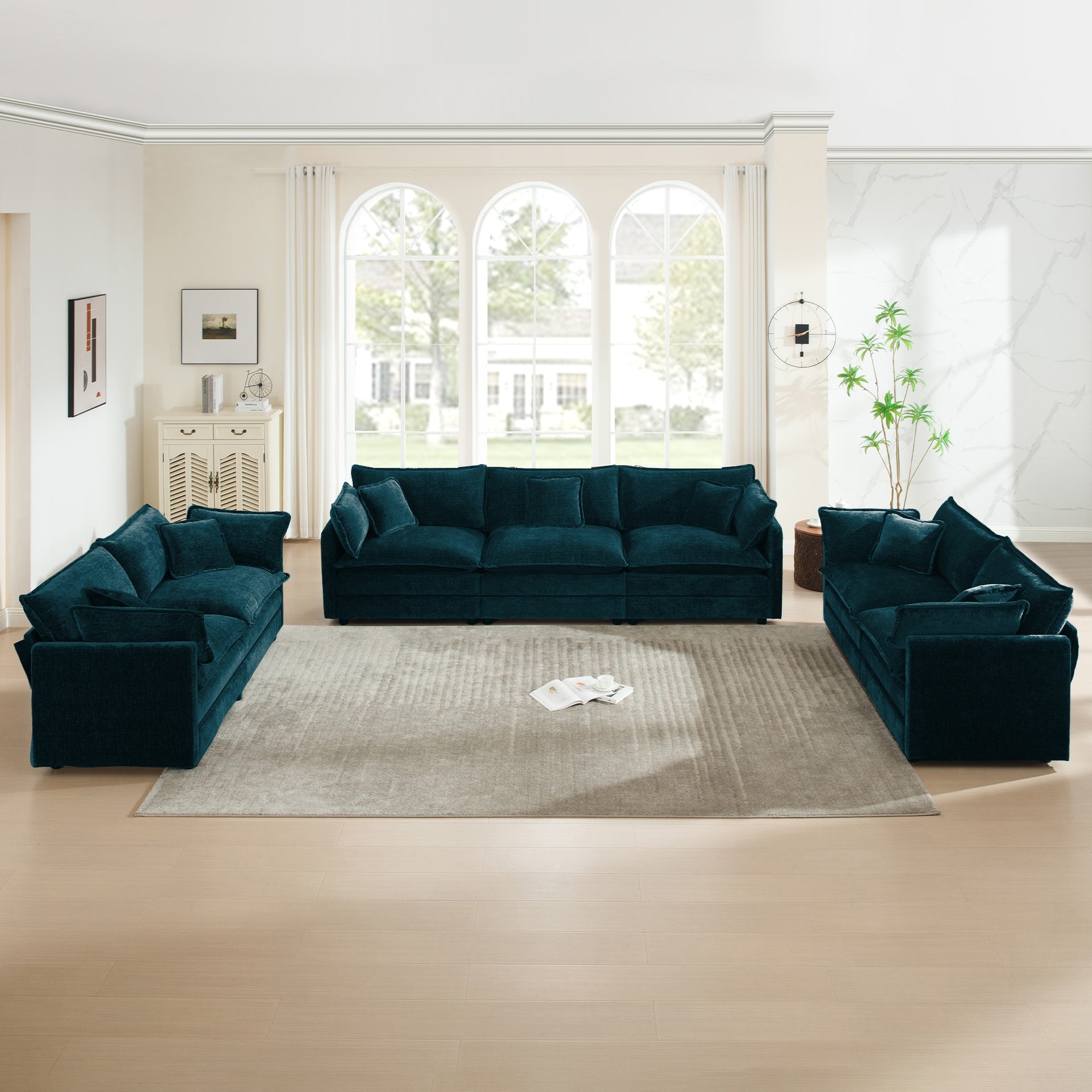 3 Piece Sofa Set Oversized Sofa Comfy Sofa Couch, 2 Pieces of 2 Seater and 1 Piece of 3 Seater Sofa  for Living Room, Deep Seat Sofa Blue Chenille